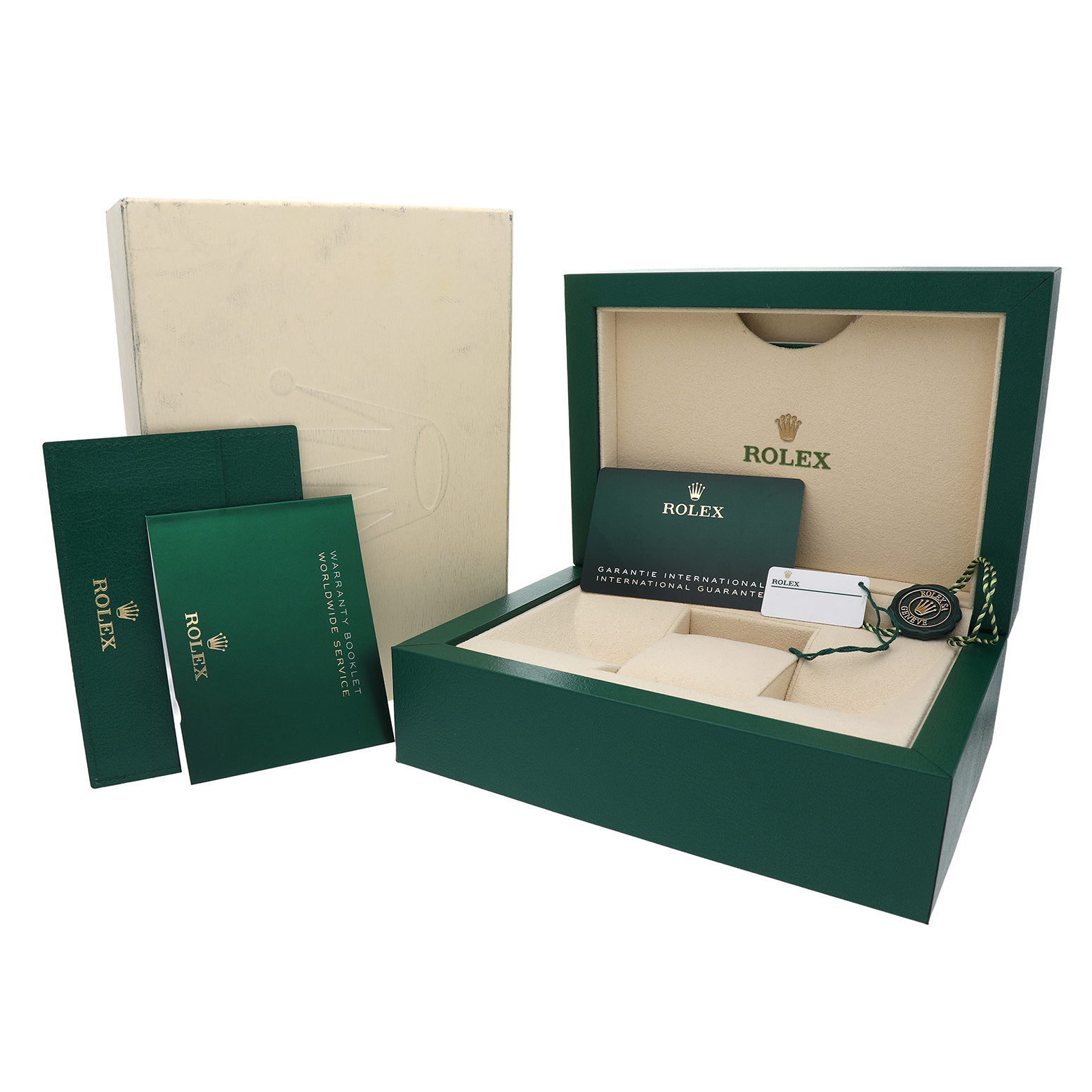 The image shows Rolex Air-King 126900 Men's Stainless Steel Black Dial packaging at an angle, including the box, manuals, warranty card, and hang tags.