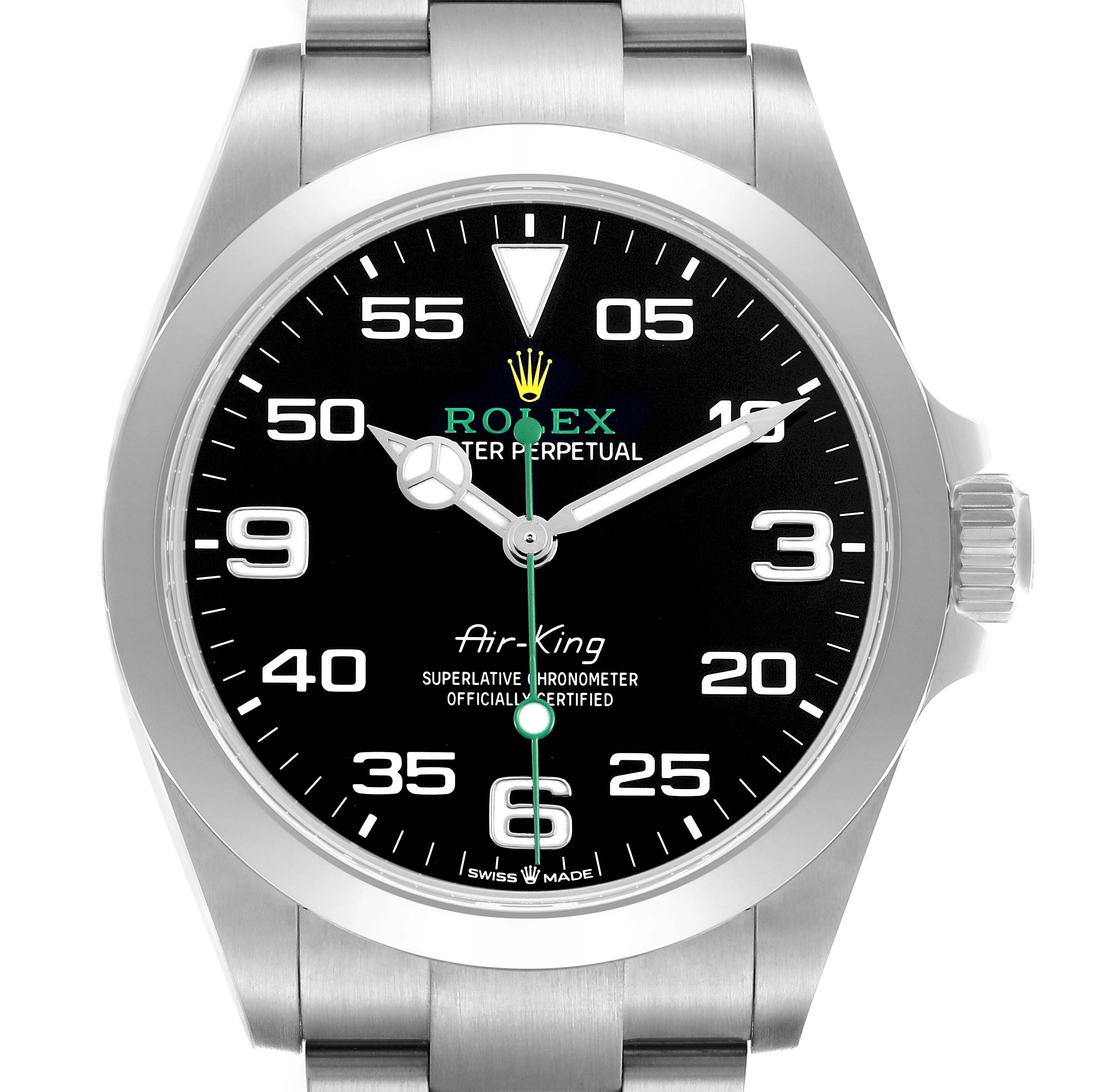 The Rolex Air-King 126900 Men's Stainless Steel Black Dial watch is shown from a front angle, displaying the dial, hour markers, hands, and part of the bracelet.