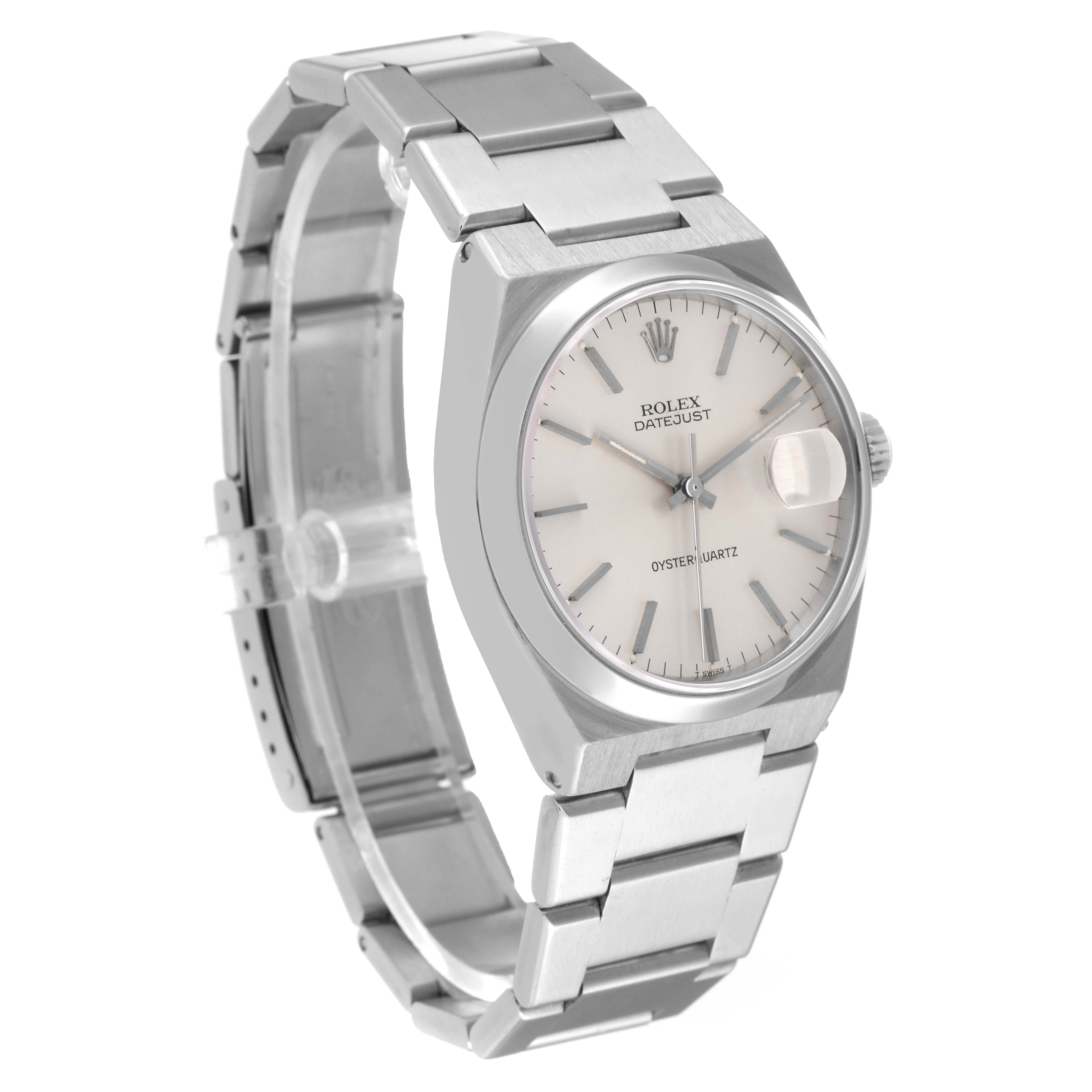 The image shows a Rolex Oysterquartz 17000 Men's Stainless Steel Silver Dial 17000 Men's Stainless Steel Silver Dial watch at a slight side angle, displaying the face, bracelet, and crown.