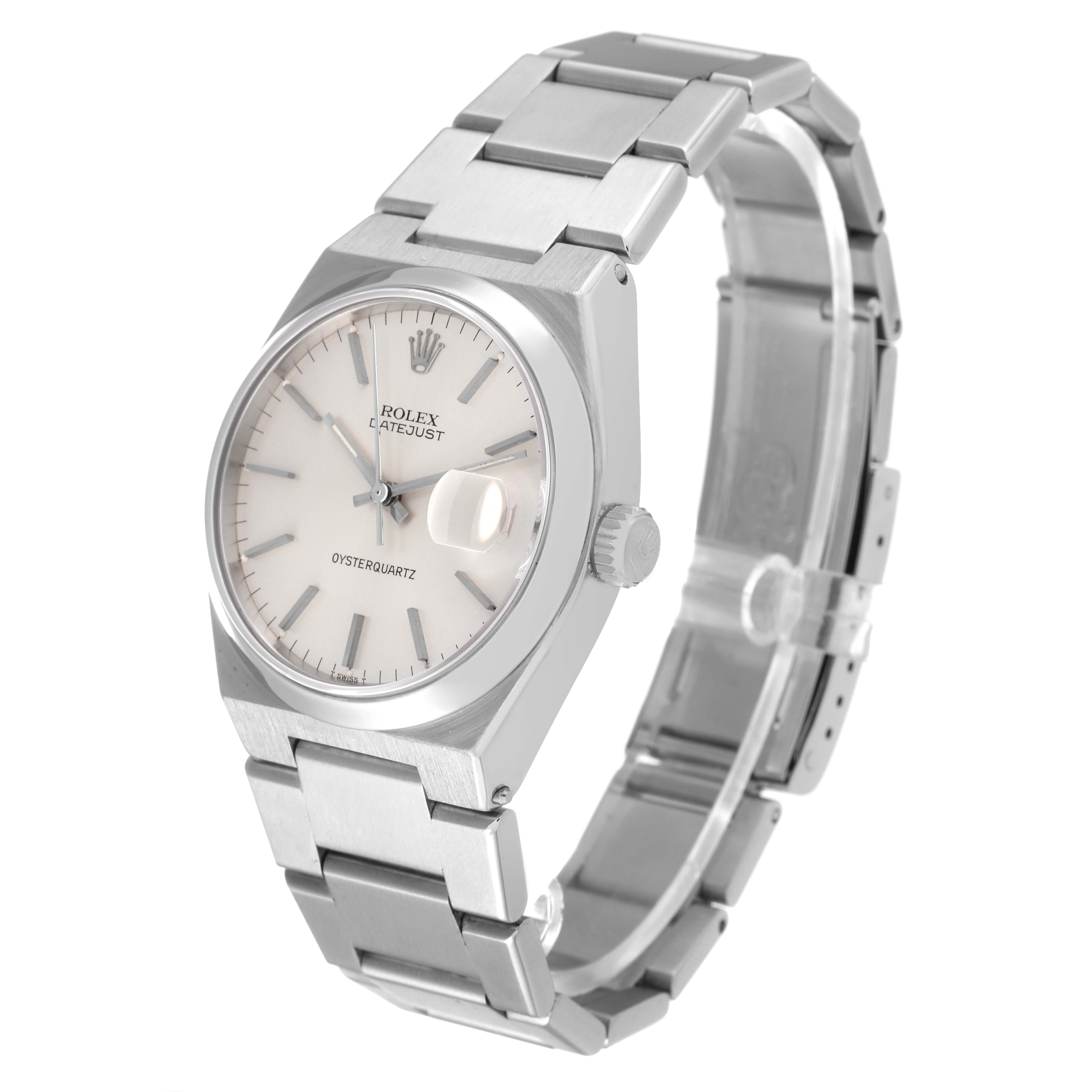 The Rolex Oysterquartz 17000 Men's Stainless Steel Silver Dial 17000 Men's Stainless Steel Silver Dial watch is shown at an angle, displaying the face, bezel, crown, and part of the bracelet.