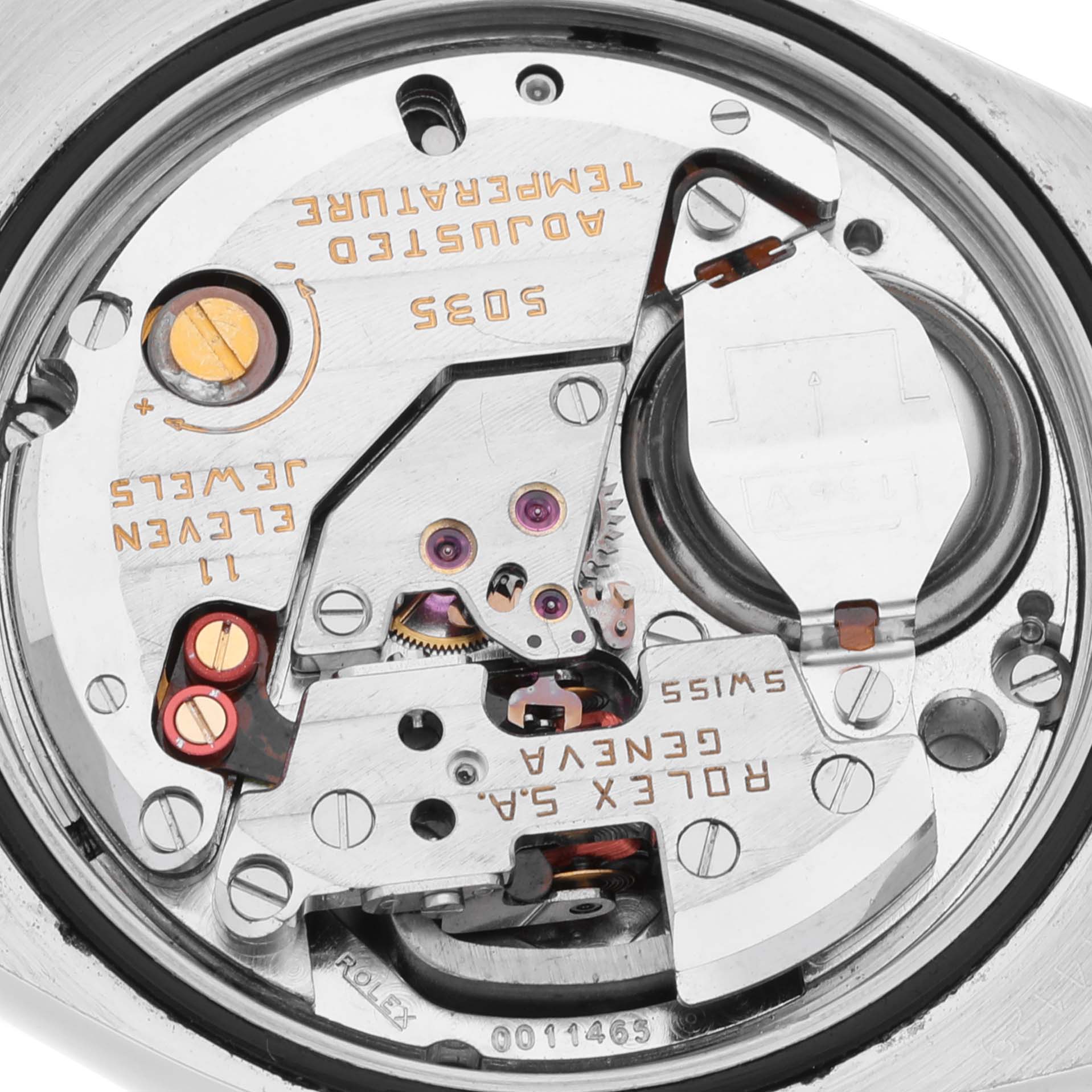 This image shows a close-up view of the internal mechanism of the Rolex Oysterquartz 17000 Men's Stainless Steel Silver Dial 17000 Men's Stainless Steel Silver Dial watch, highlighting its movement parts.