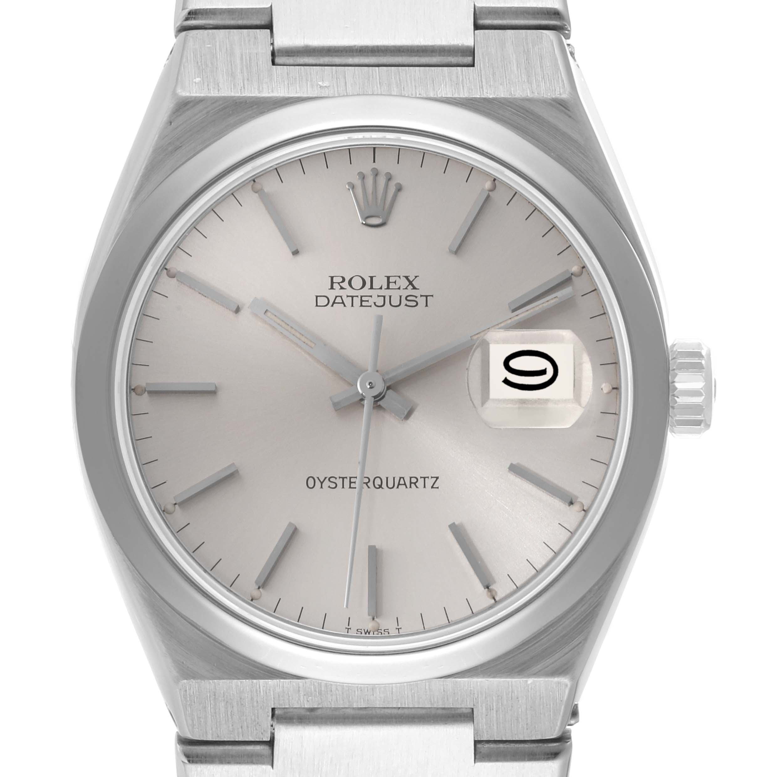The image shows a front view of a Rolex Oysterquartz 17000 Men's Stainless Steel Silver Dial 17000 Men's Stainless Steel Silver Dial Datejust watch, displaying the dial, hands, date window, and part of the bracelet.