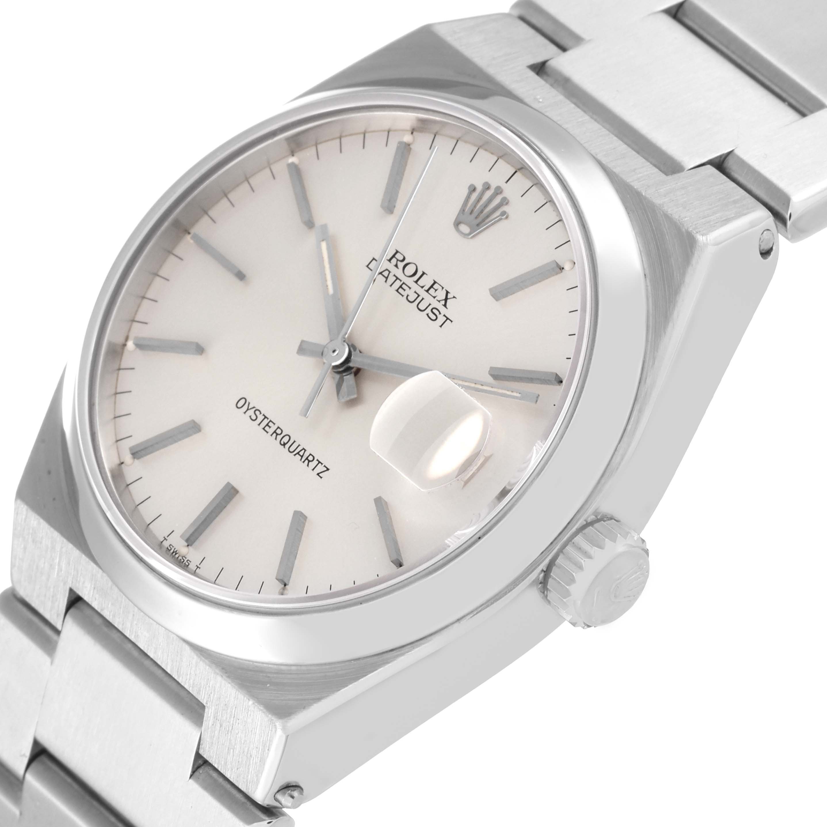 The image shows a close-up angle of a Rolex Oysterquartz 17000 Men's Stainless Steel Silver Dial 17000 Men's Stainless Steel Silver Dial watch, highlighting its face, dial, crown, and part of the bracelet.