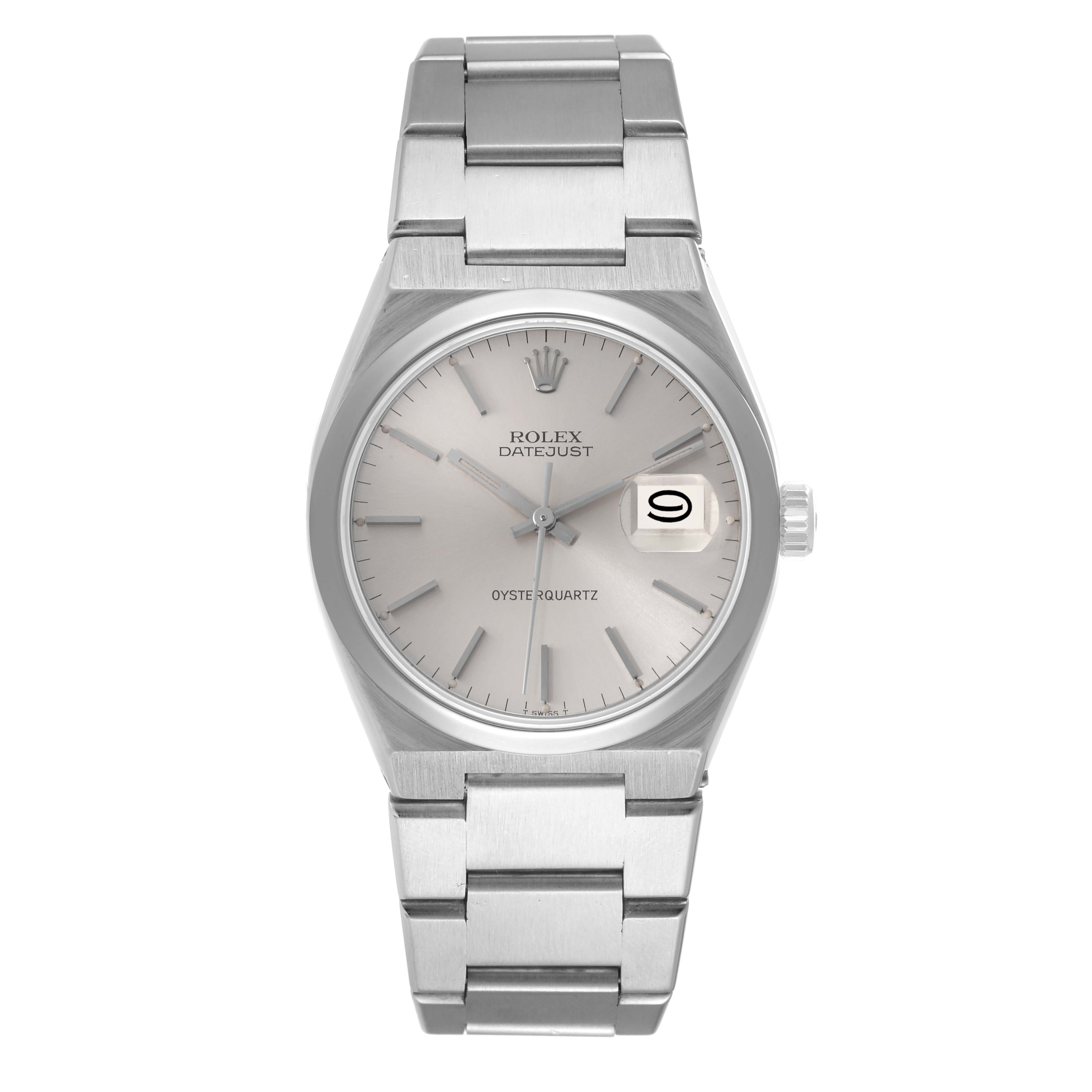 The image shows a Rolex Oysterquartz 17000 Men's Stainless Steel Silver Dial 17000 Men's Stainless Steel Silver Dial Datejust watch viewed from the front, displaying the dial, case, and the bracelet.
