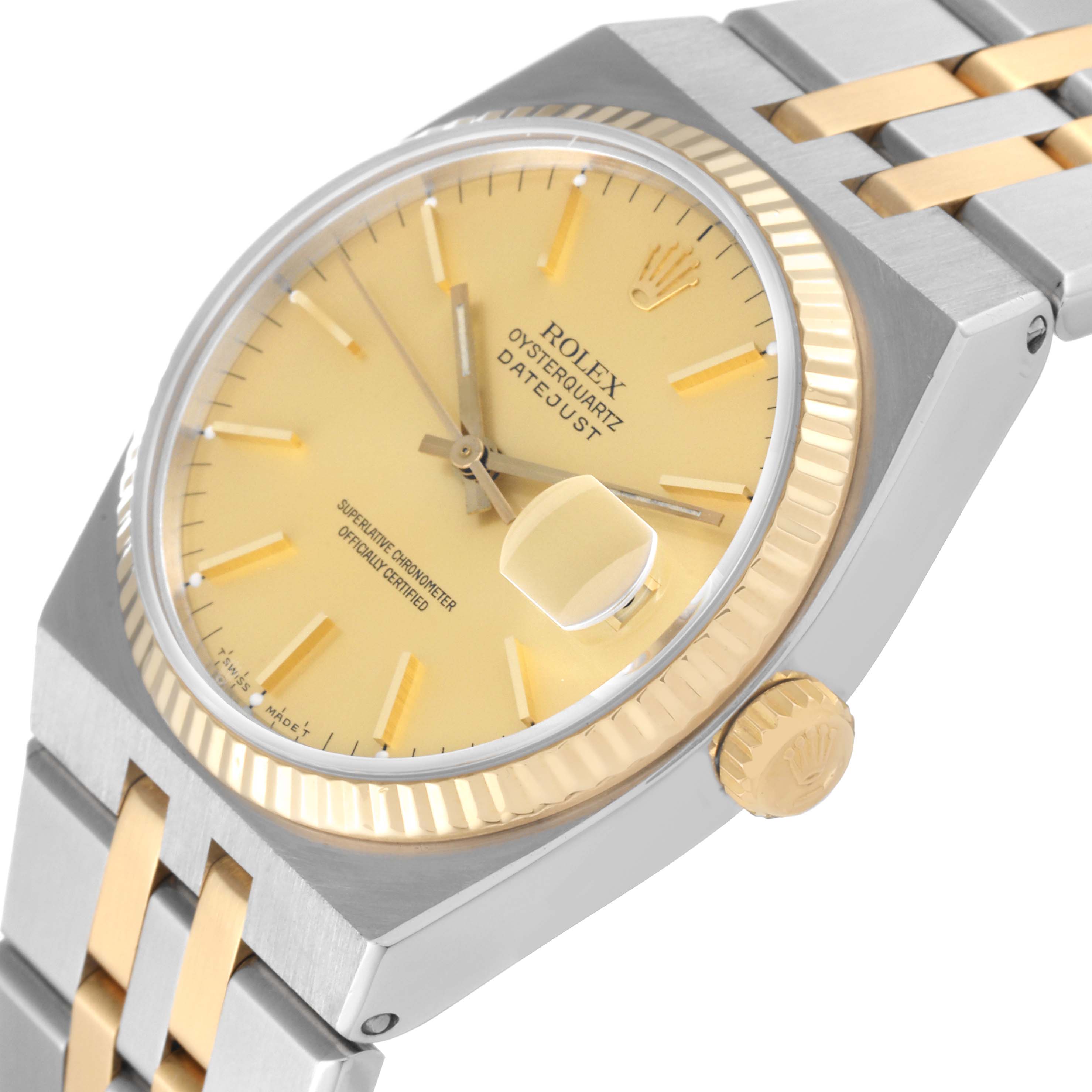 The image shows the Rolex Oysterquartz 17013 Men
s Steel and Gold (two tone) Champagne Dial 17013 Men
s Steel and Gold (two tone) Champagne Dial watch angled slightly from the front, highlighting the cream dial, bezel, crown, and part of the bracelet.