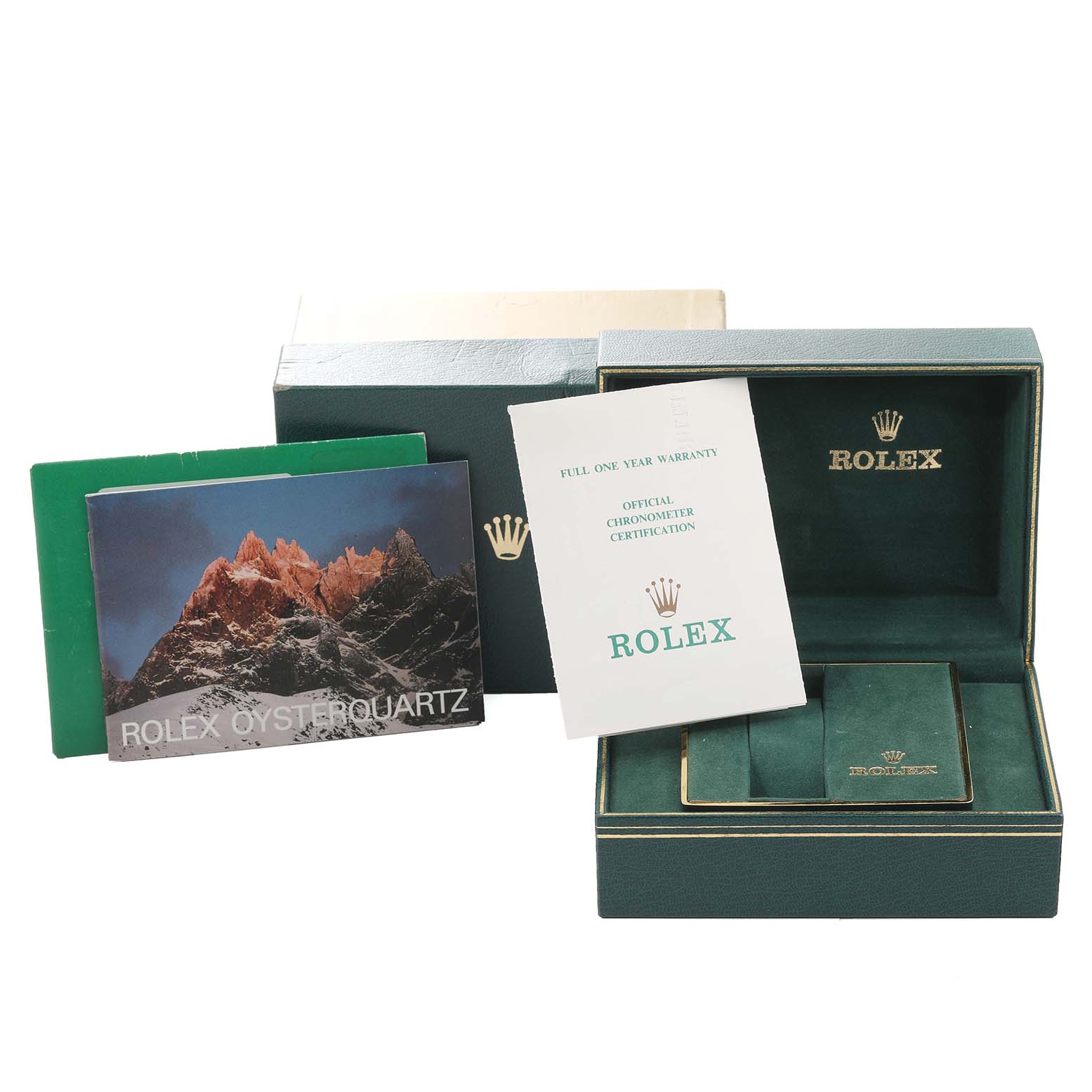 The image shows the packaging, warranty card, and manual for a Rolex Oysterquartz 17013 Men
s Steel and Gold (two tone) Champagne Dial 17013 Men
s Steel and Gold (two tone) Champagne Dial watch.