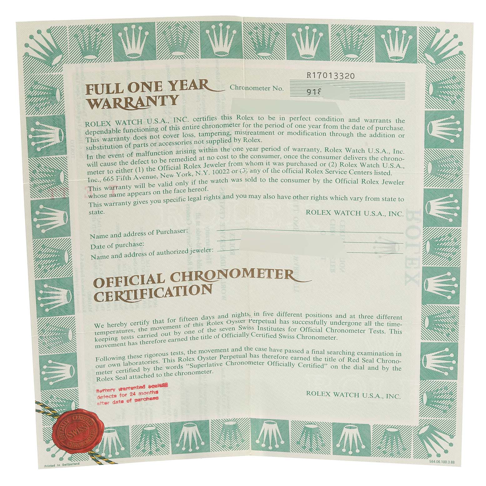 This image shows a full one-year warranty and official chronometer certification for the Rolex Oysterquartz 17013 Men
s Steel and Gold (two tone) Champagne Dial 17013 Men
s Steel and Gold (two tone) Champagne Dial model.