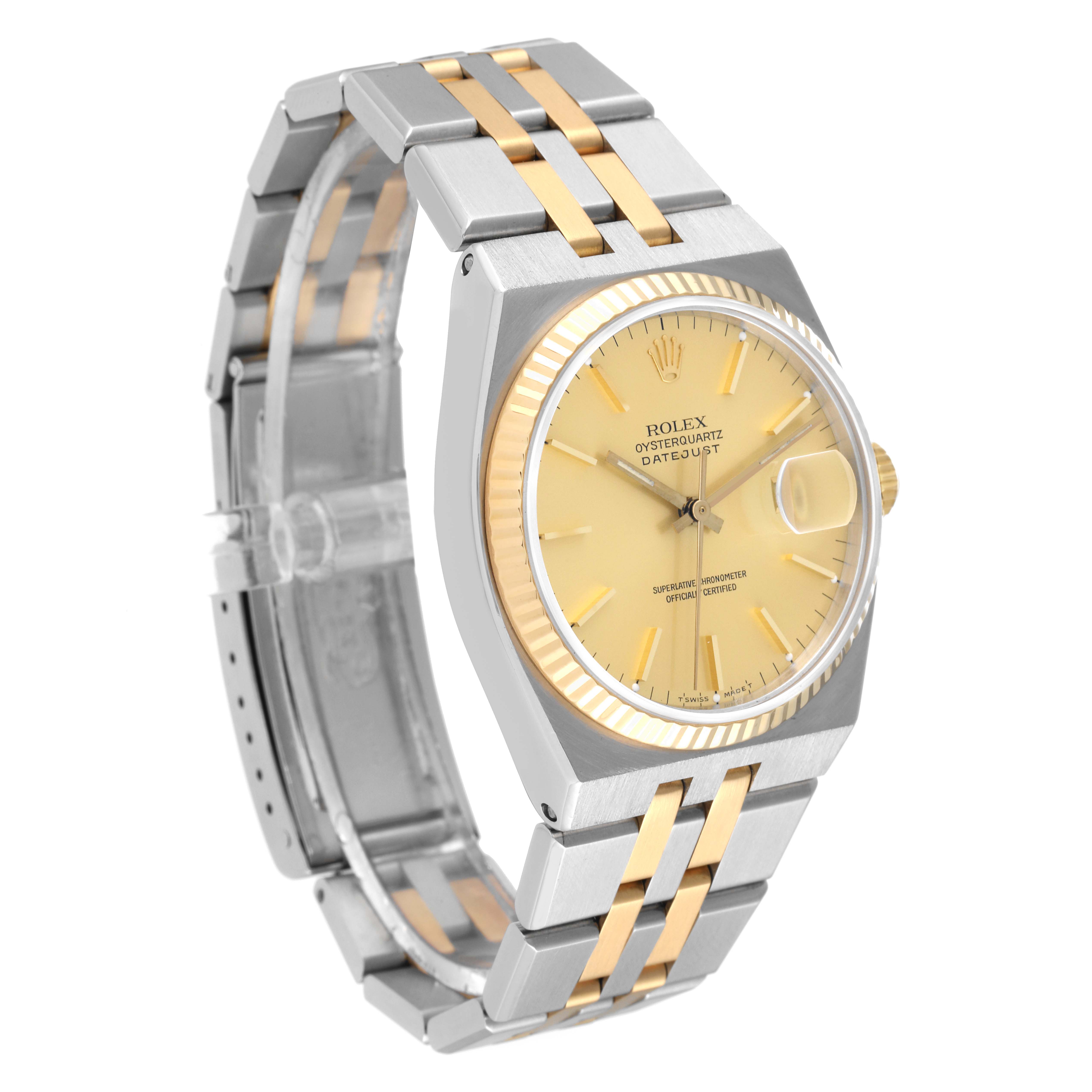 The Rolex Oysterquartz 17013 Men
s Steel and Gold (two tone) Champagne Dial 17013 Men
s Steel and Gold (two tone) Champagne Dial watch is shown from a front-left angle, highlighting the dial, bezel, and two-tone bracelet.