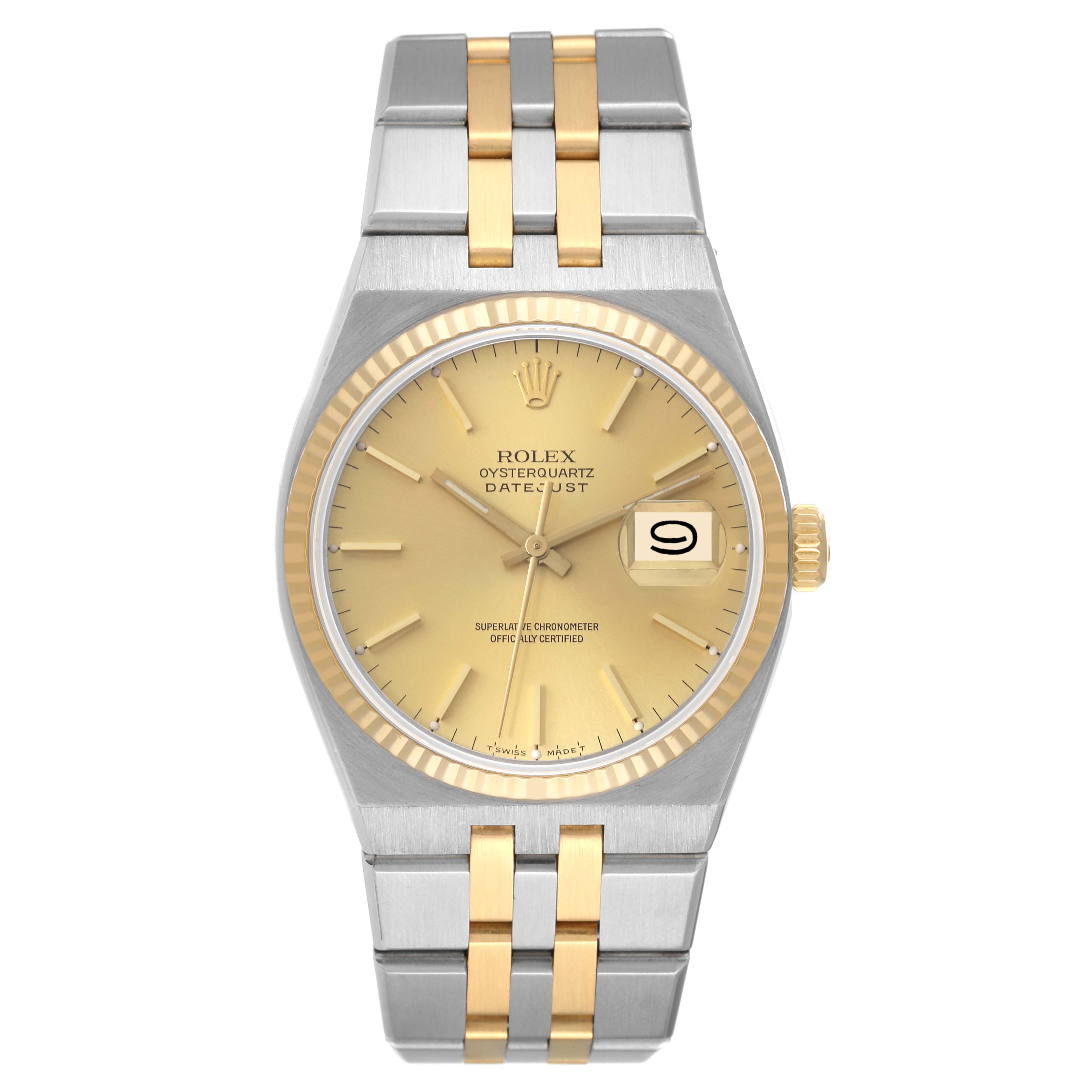 This image shows a front view of the Rolex Oysterquartz 17013 Men
s Steel and Gold (two tone) Champagne Dial 17013 Men
s Steel and Gold (two tone) Champagne Dial Datejust watch, displaying its dial, bracelet, and crown.