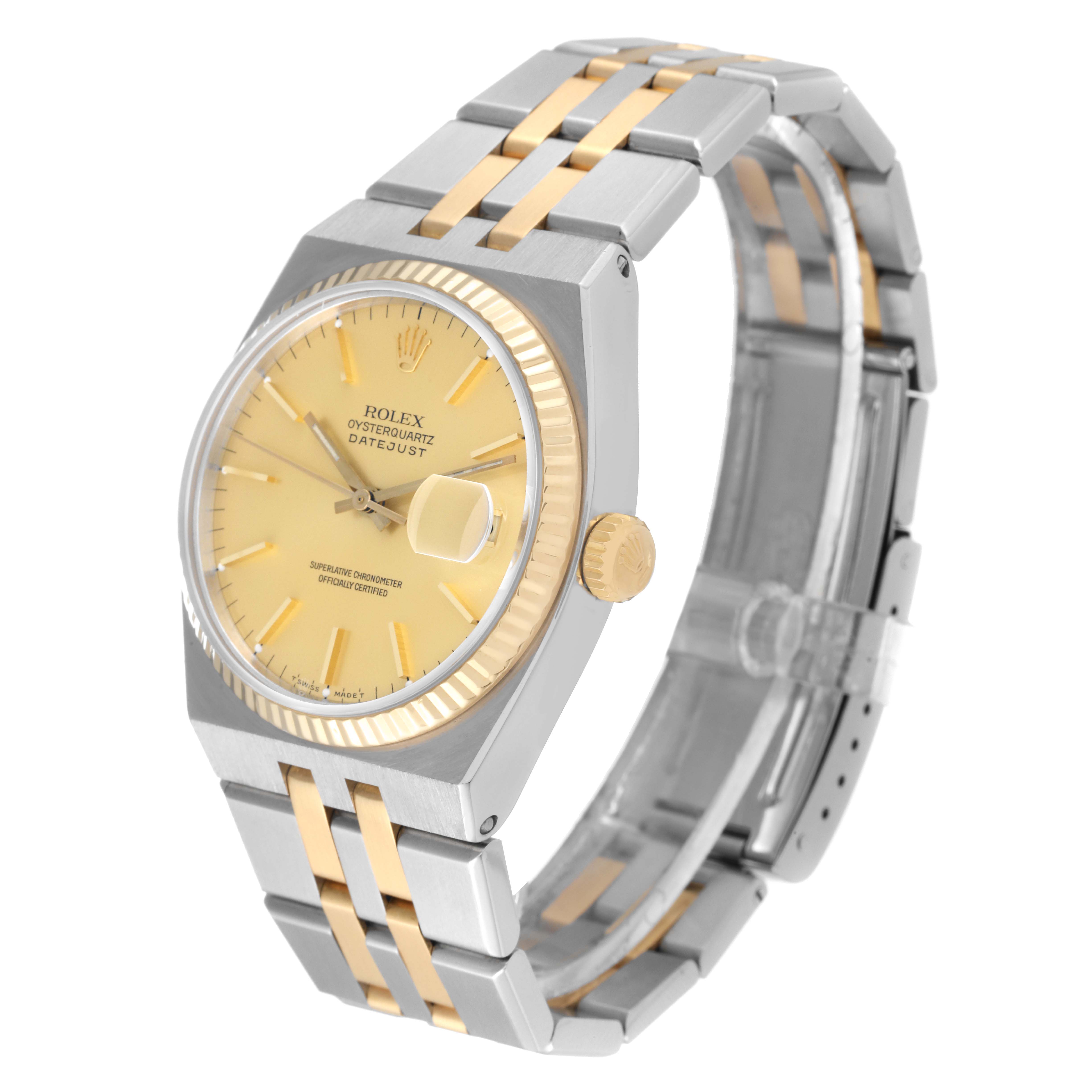 This image shows a Rolex Oysterquartz 17013 Men
s Steel and Gold (two tone) Champagne Dial 17013 Men
s Steel and Gold (two tone) Champagne Dial Datejust watch at a three-quarter angle, displaying its dial, bezel, crown, and bracelet.