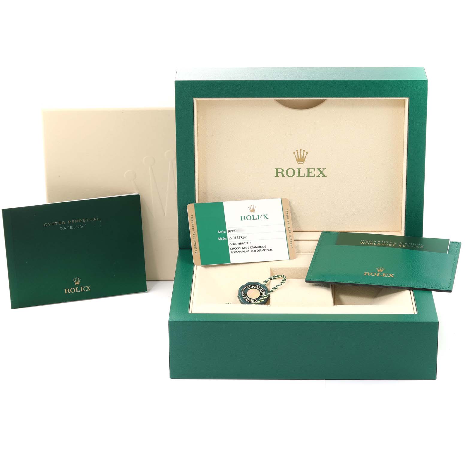 The image shows a Rolex President 279135 Women's Rose Gold Brown Dial 279135 Women's Rose Gold Brown Dial watch box with various accessories, including manuals, a guarantee card, and a tag.