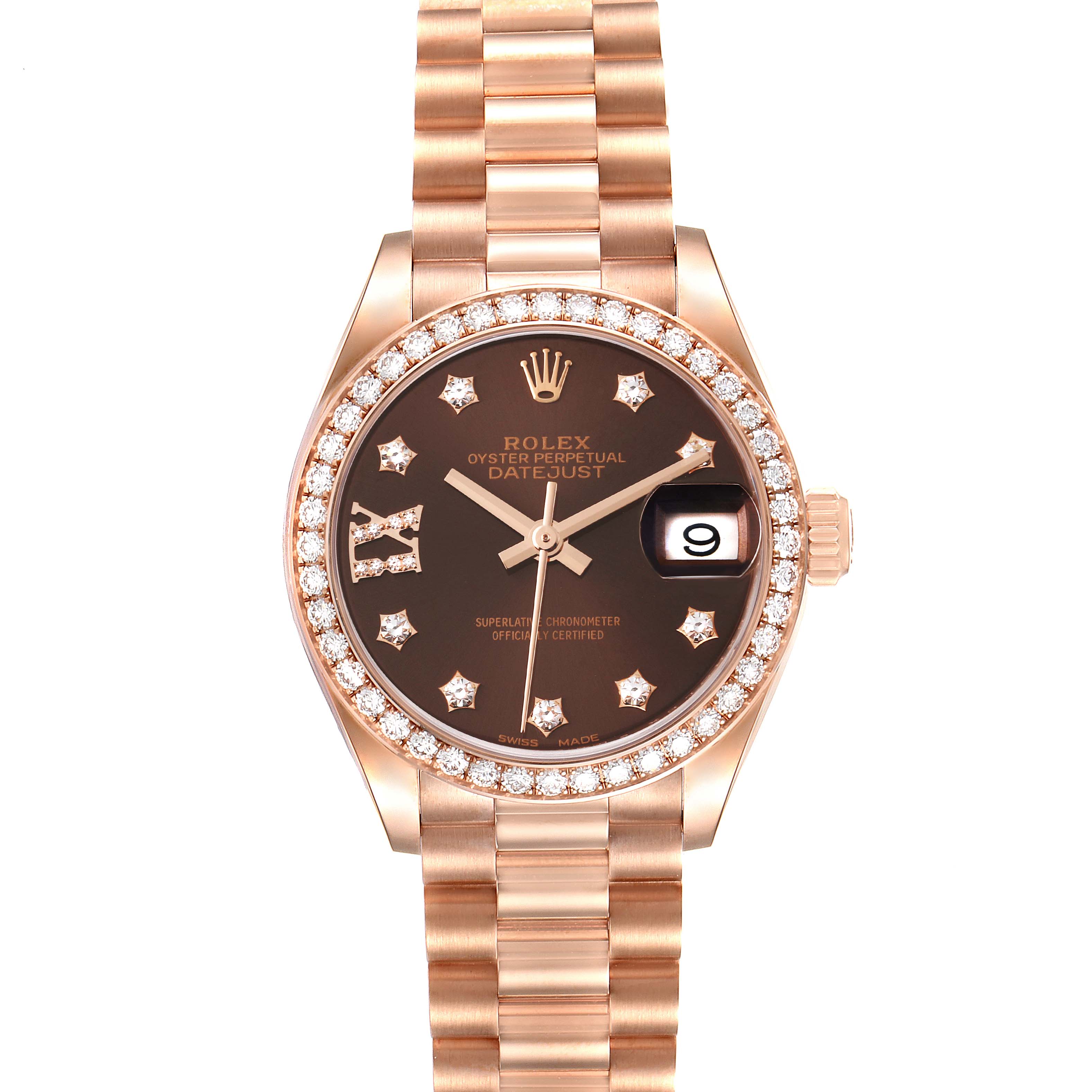 This image shows a front view of the Rolex President 279135 Women's Rose Gold Brown Dial 279135 Women's Rose Gold Brown Dial model watch, displaying its face, bezel, crown, and strap.