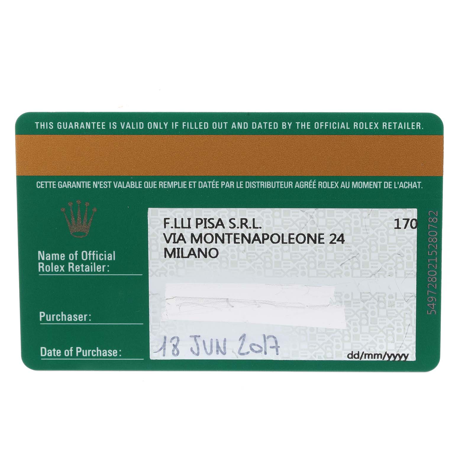 The image shows a guarantee card for the Rolex President 279135 Women's Rose Gold Brown Dial 279135 Women's Rose Gold Brown Dial model watch.