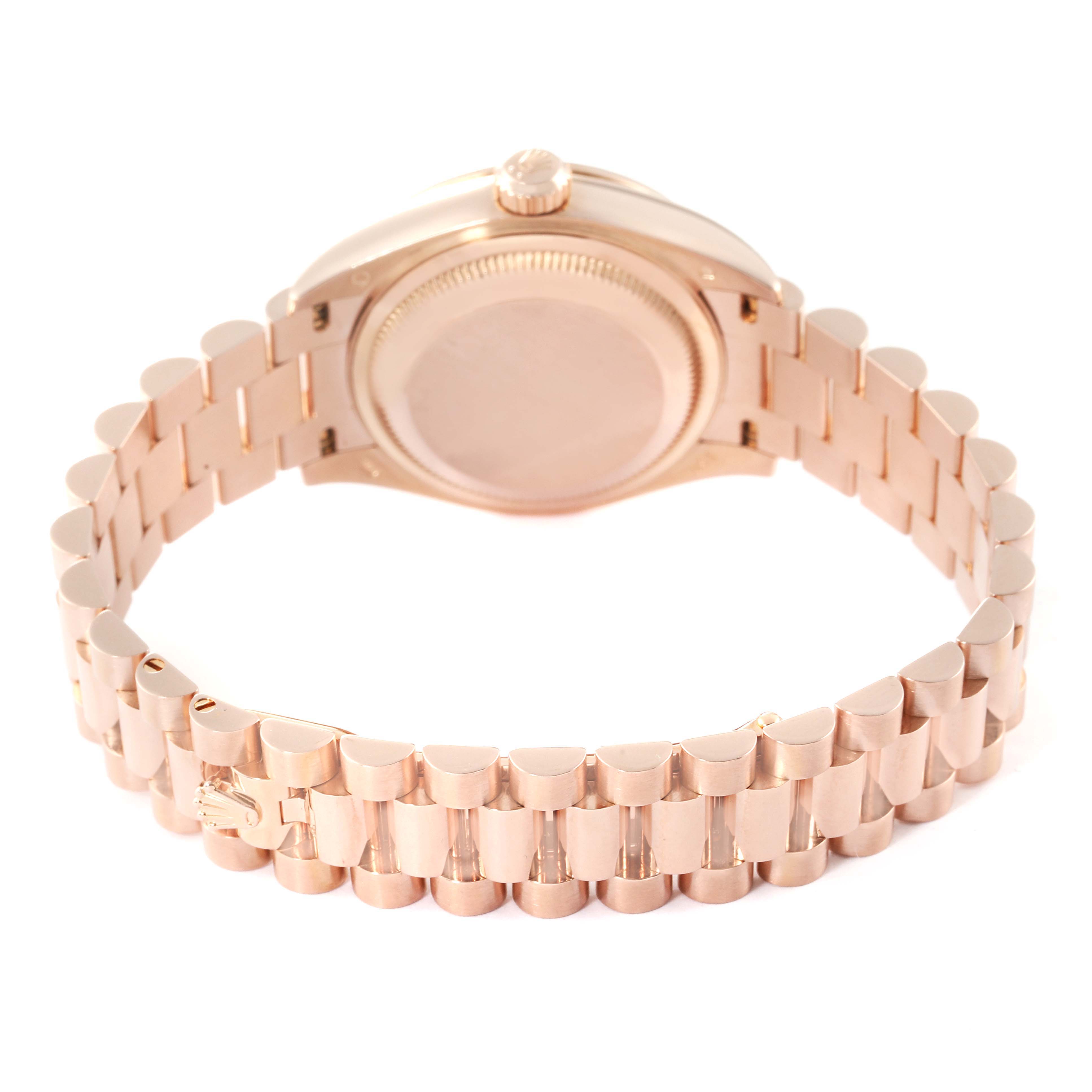 The image shows the back of a Rolex President 279135 Women's Rose Gold Brown Dial 279135 Women's Rose Gold Brown Dial model watch, featuring the case back and President bracelet.