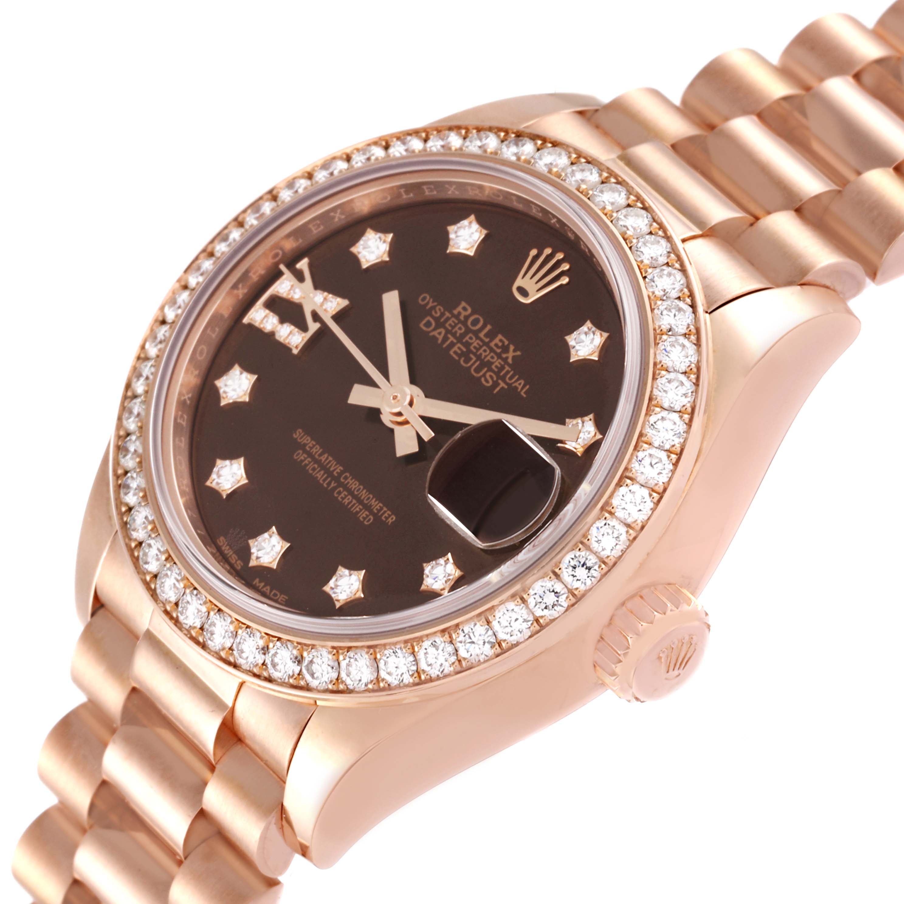 This image shows a close-up of a Rolex President 279135 Women's Rose Gold Brown Dial 279135 Women's Rose Gold Brown Dial model watch, highlighting its dial, diamond bezel, and part of the bracelet.