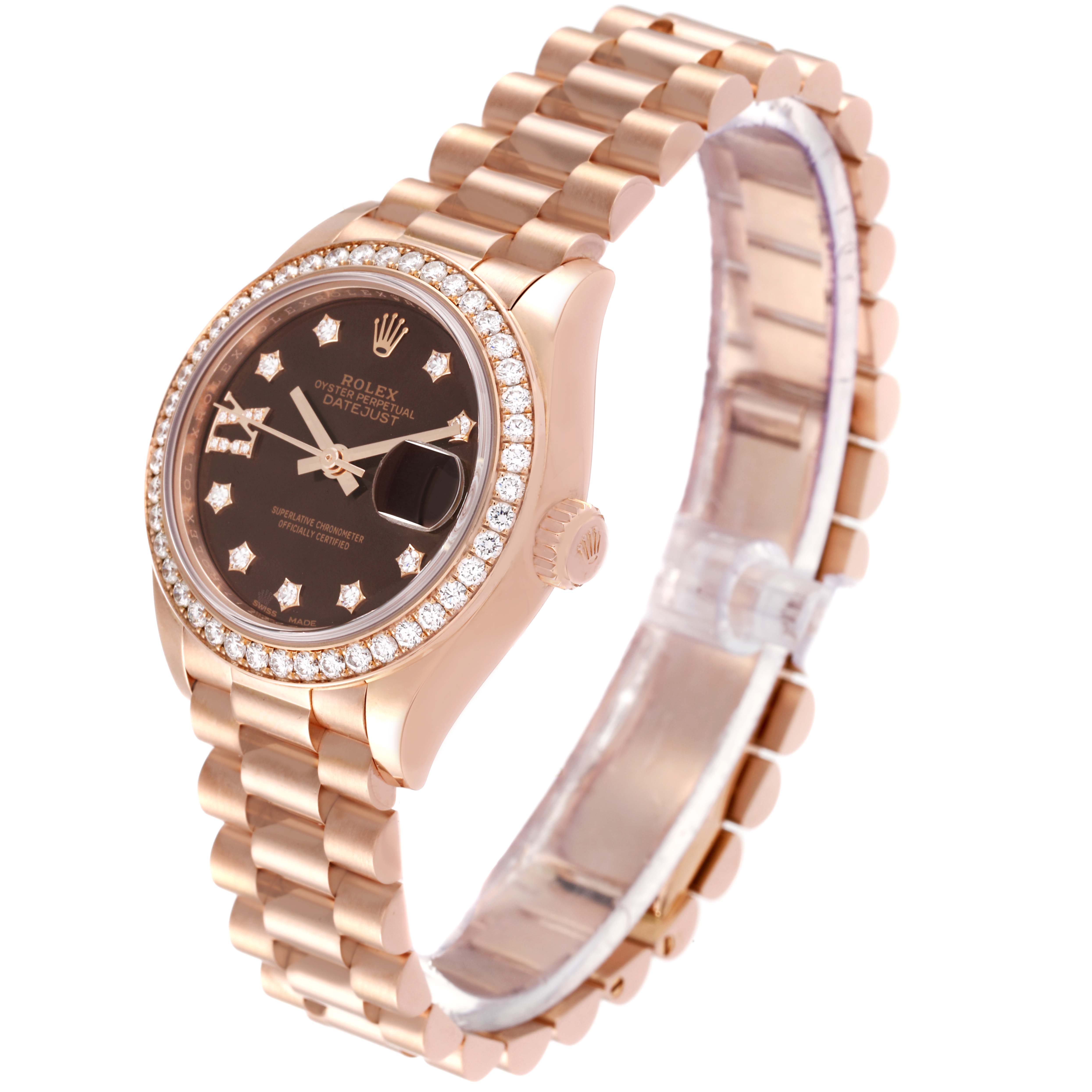 The image shows a Rolex President 279135 Women's Rose Gold Brown Dial 279135 Women's Rose Gold Brown Dial model watch from a side angle, highlighting its face, bezel, crown, and bracelet.