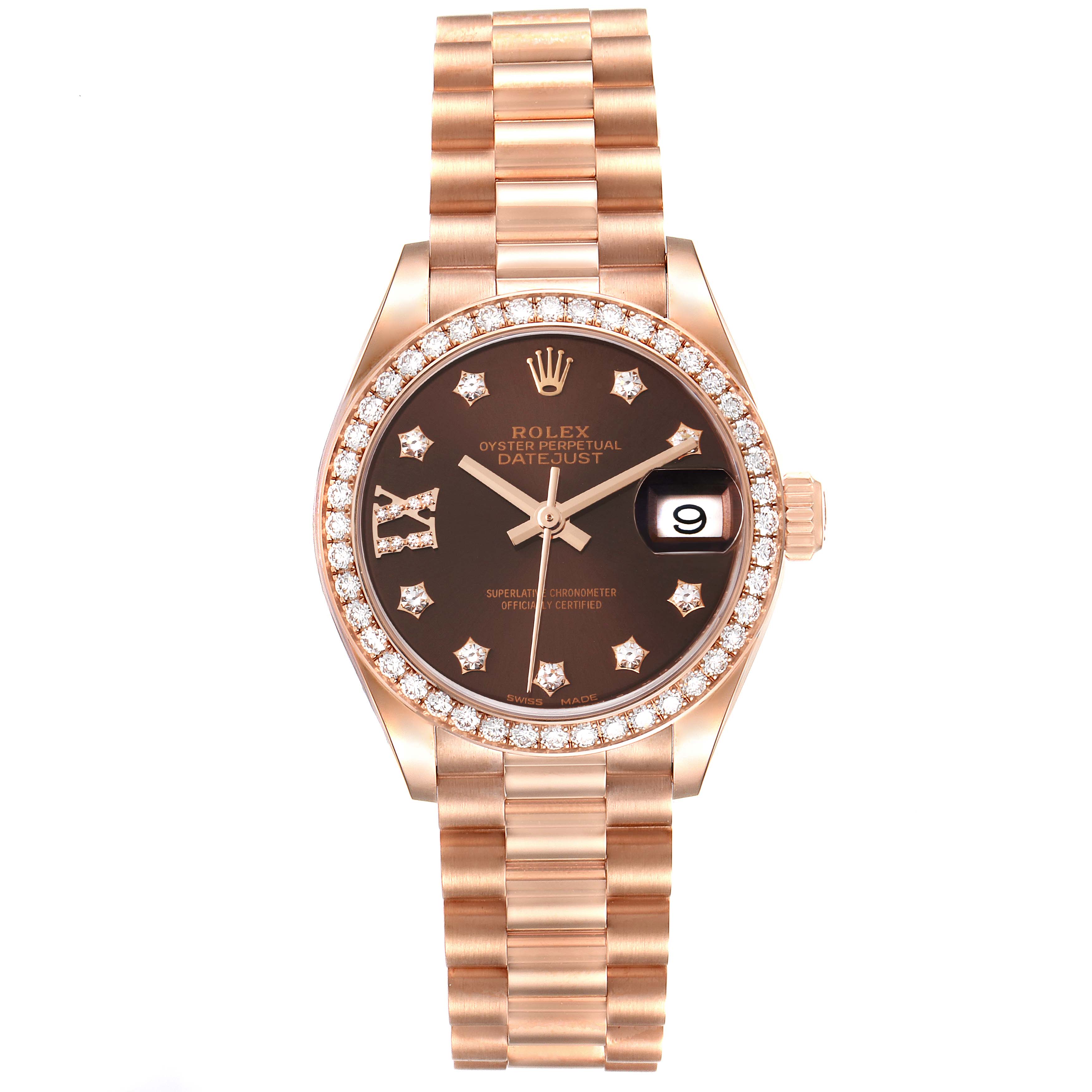 The image shows a front view of a Rolex President 279135 Women's Rose Gold Brown Dial 279135 Women's Rose Gold Brown Dial model watch, featuring a diamond-encrusted bezel and a date display.