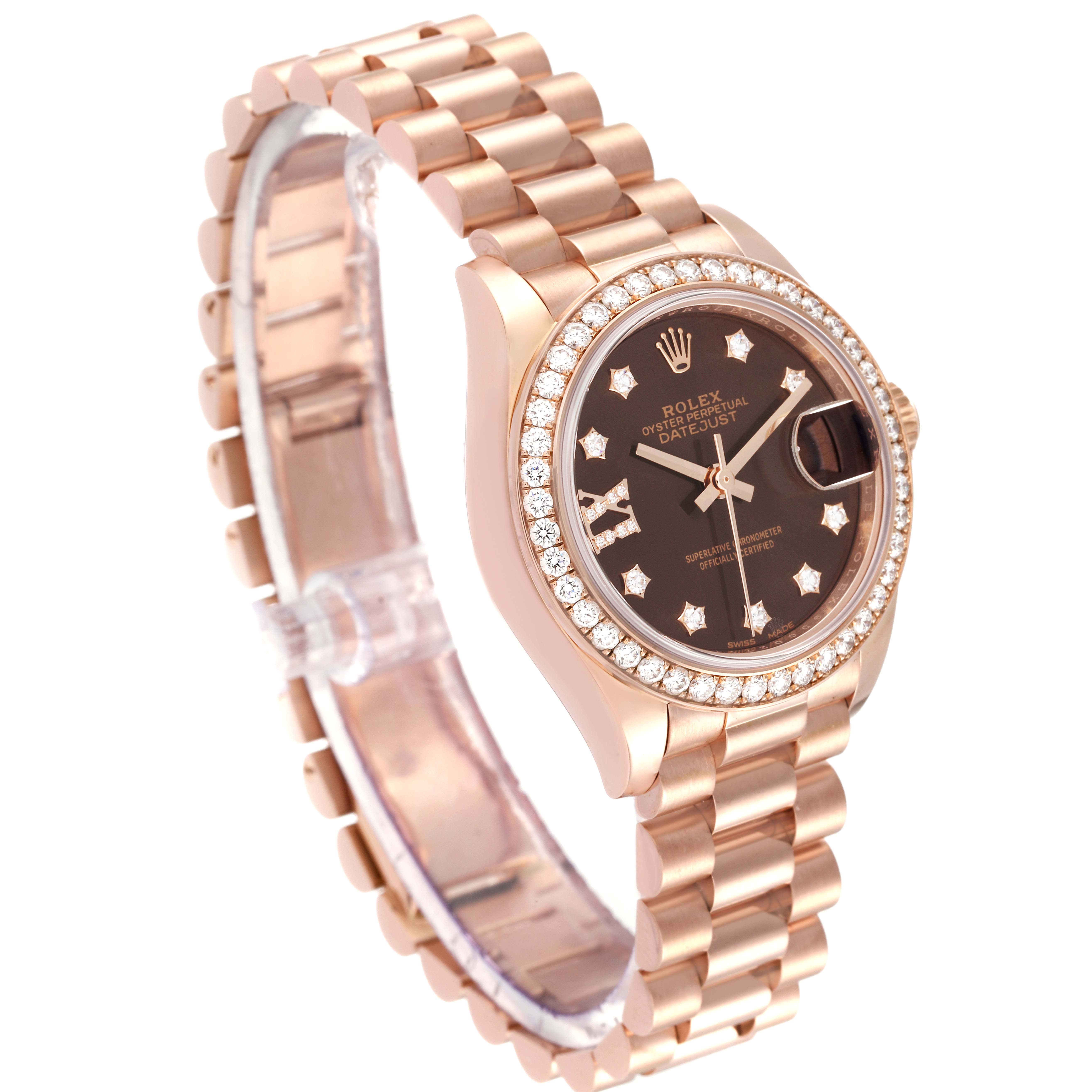The image shows a Rolex President 279135 Women's Rose Gold Brown Dial 279135 Women's Rose Gold Brown Dial model watch at a 3/4 angle, highlighting the bracelet, bezel, dial, and crown.