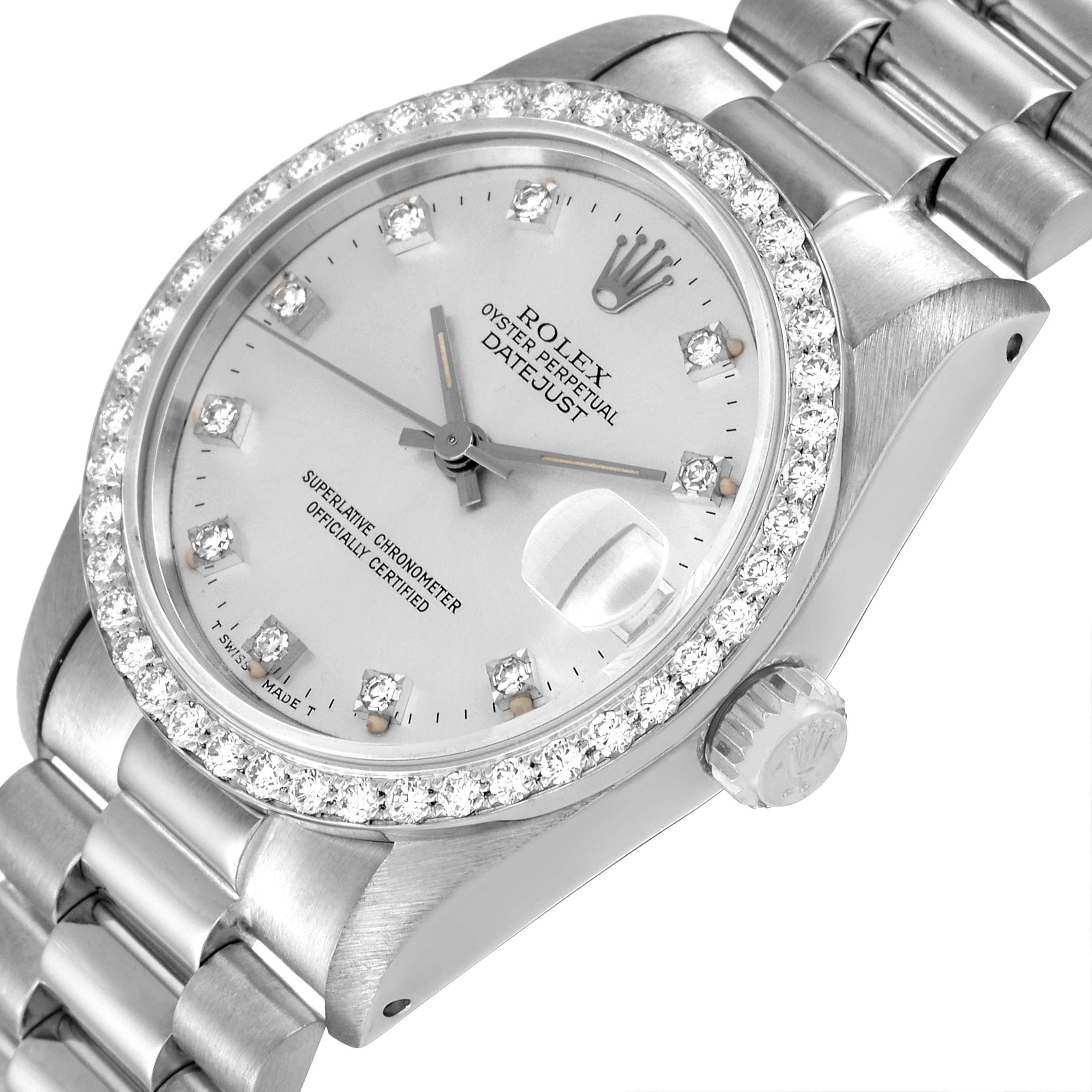 The image shows a close-up angled view of a Rolex President 68289 Women
s White Gold Silver Dial 68289 Women
s White Gold Silver Dial model, highlighting the face, bezel, crown, and part of the bracelet.