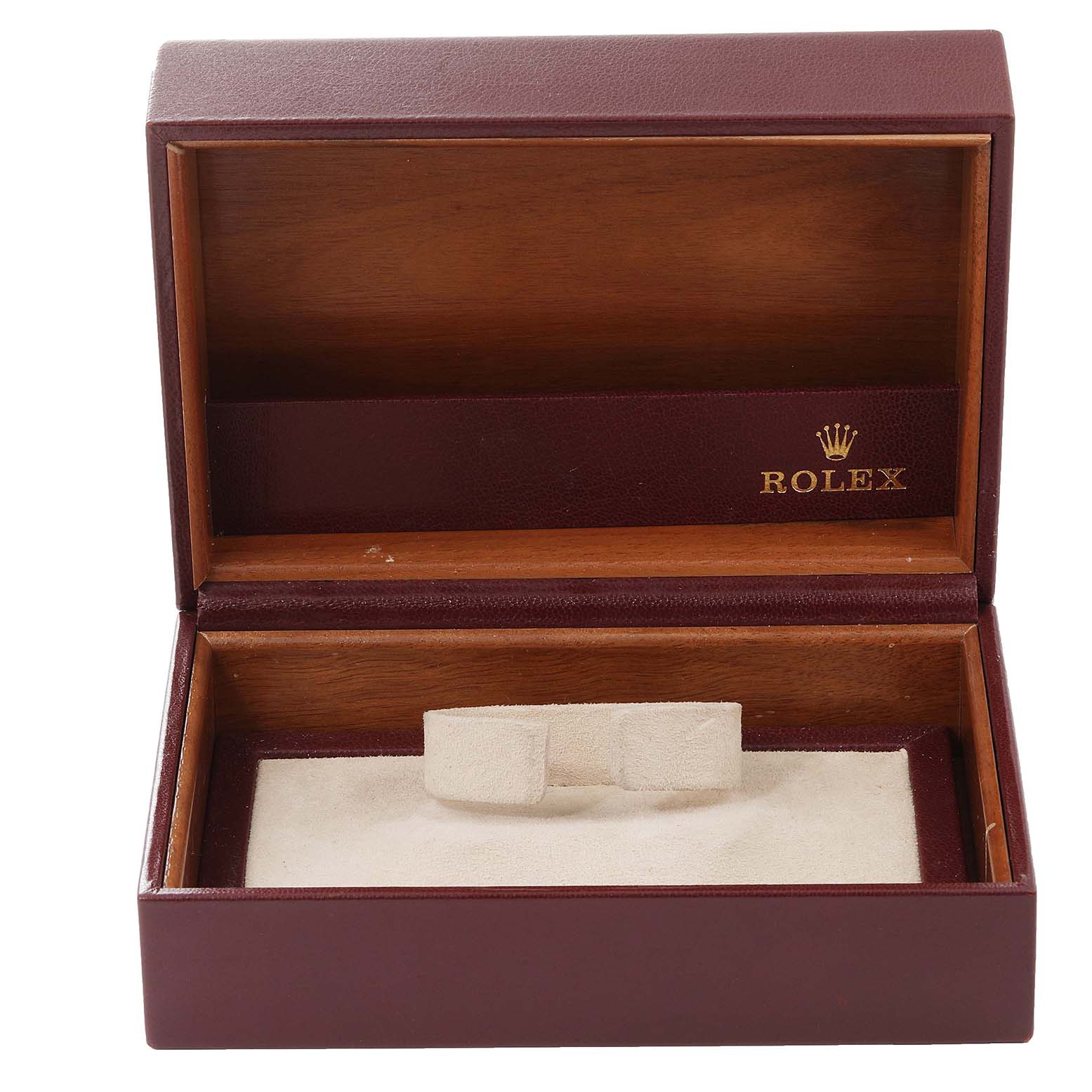 The image shows an open box for a Rolex President 68289 Women
s White Gold Silver Dial 68289 Women
s White Gold Silver Dial model watch, with the interior lining and cushion visible.