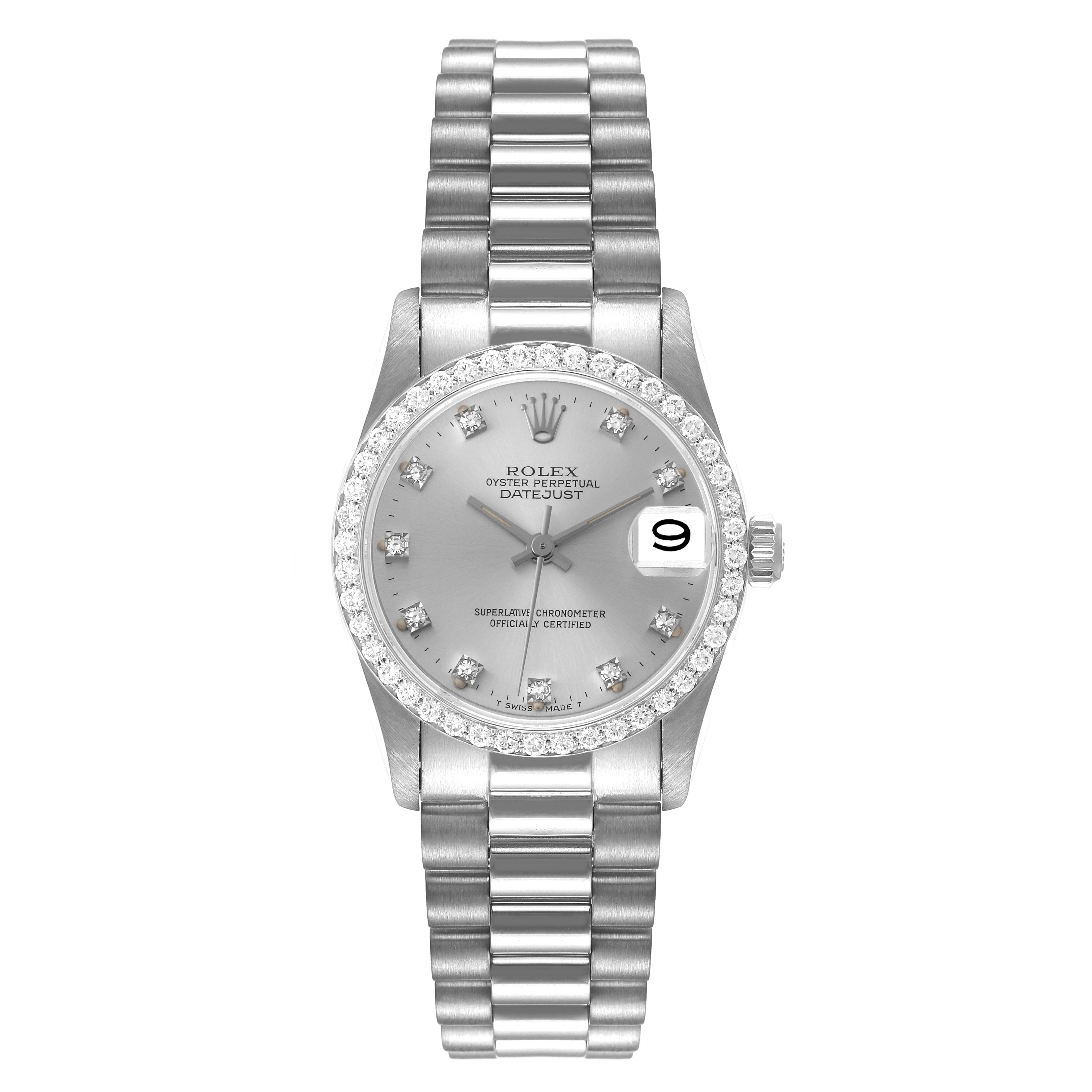 The image shows a frontal view of a Rolex President 68289 Women
s White Gold Silver Dial 68289 Women
s White Gold Silver Dial model watch, highlighting its dial, bezel, and bracelet.