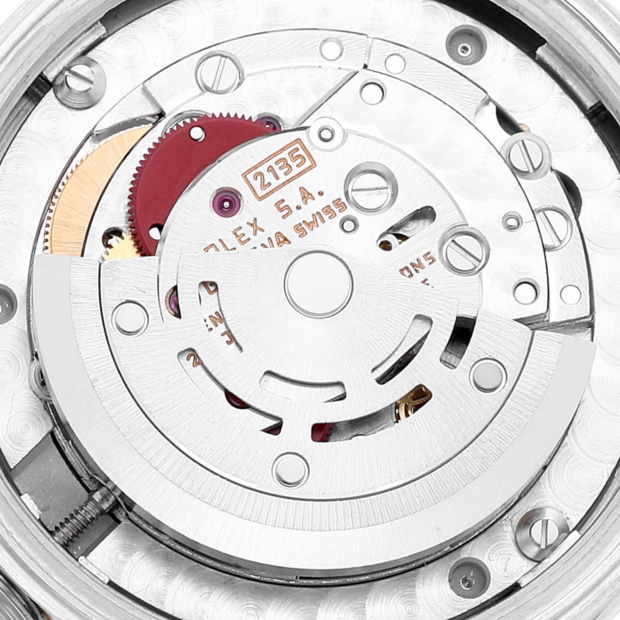 The image shows a close-up of the movement and internal components of a Rolex President 68289 Women
s White Gold Silver Dial 68289 Women
s White Gold Silver Dial model watch.