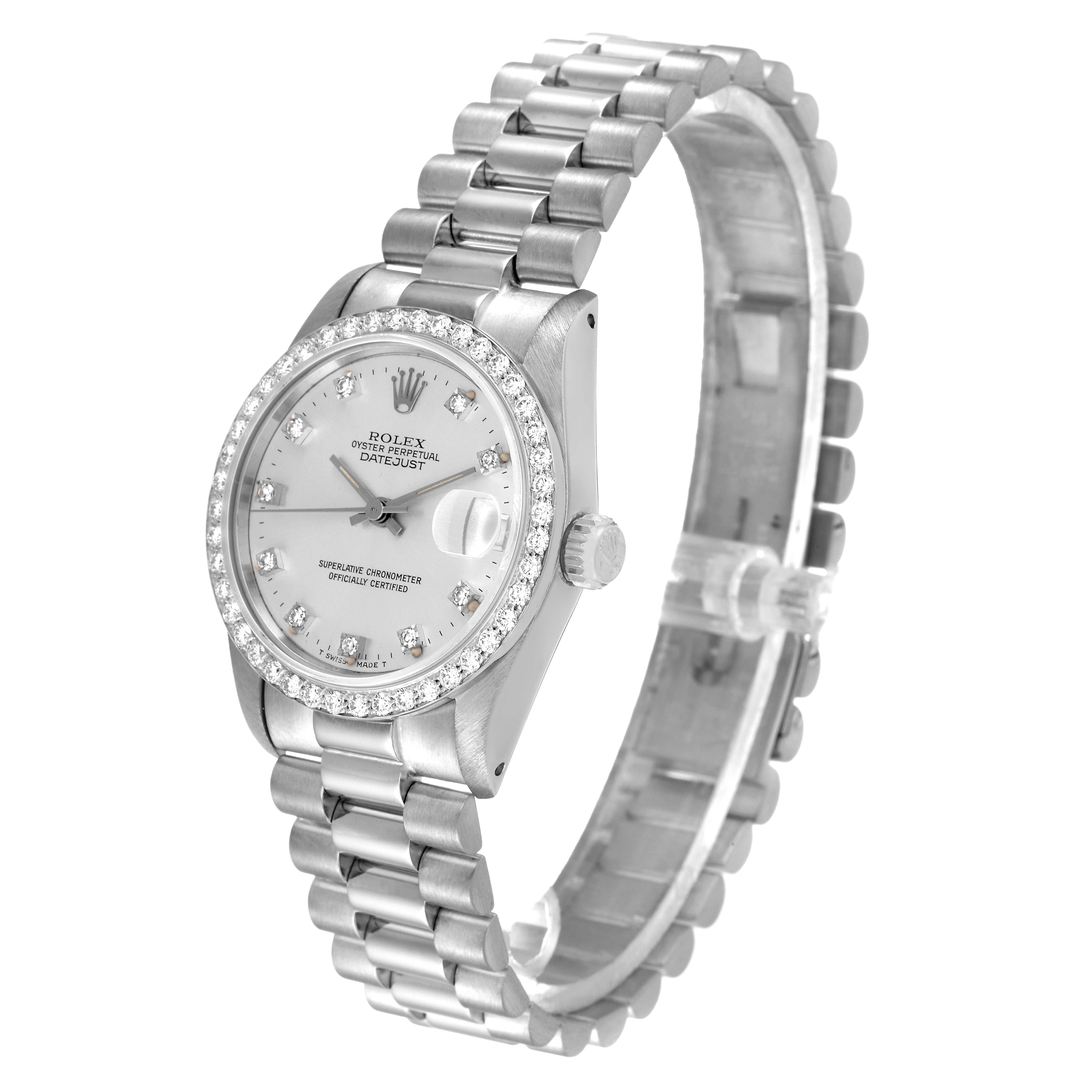 The image shows a Rolex President 68289 Women
s White Gold Silver Dial 68289 Women
s White Gold Silver Dial model watch angled to display the face, bezel, crown, and bracelet.