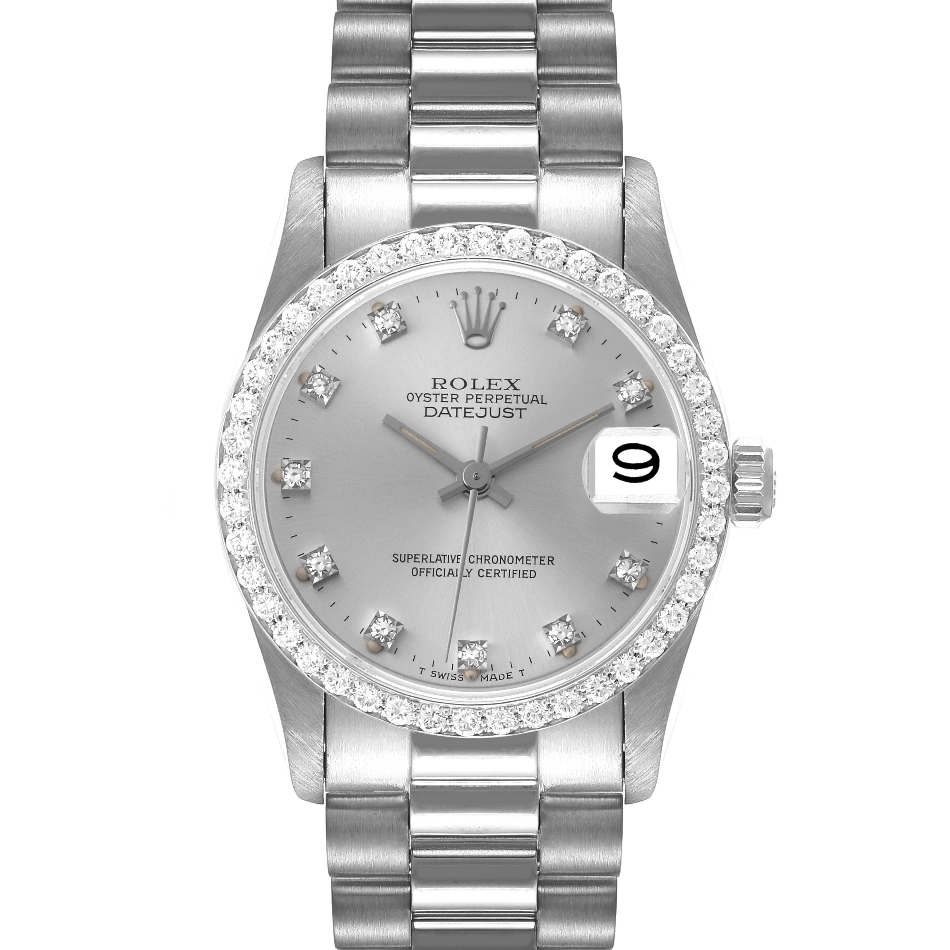 The image shows a front view of a Rolex President 68289 Women
s White Gold Silver Dial 68289 Women
s White Gold Silver Dial model watch, featuring its face, diamond bezel, and bracelet.