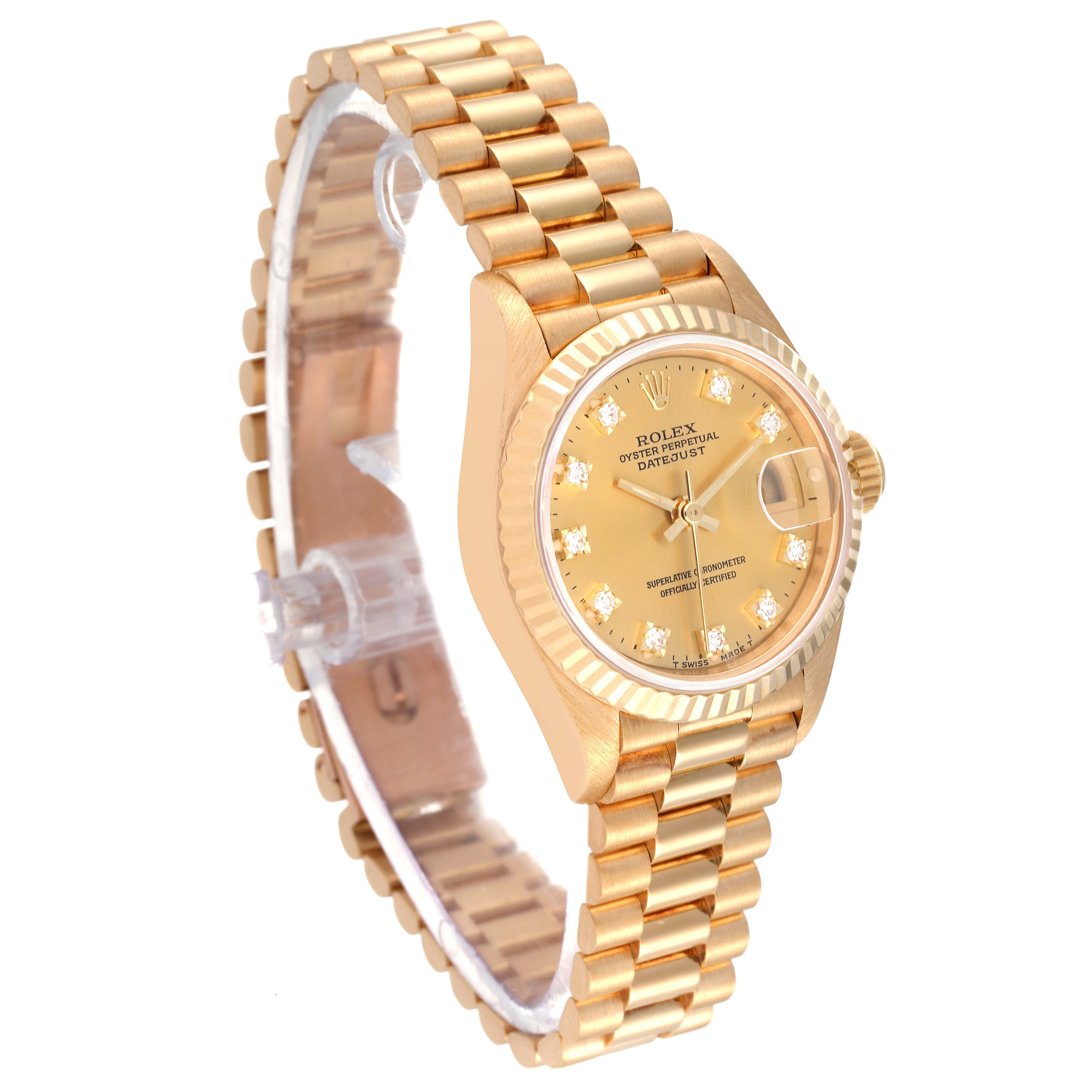 The image shows a Rolex President 69178 Women
s Yellow Gold Champagne Dial 69178 Women
s Yellow Gold Champagne Dial model watch from an oblique angle, highlighting its gold bracelet, crown, and diamond-accented dial.