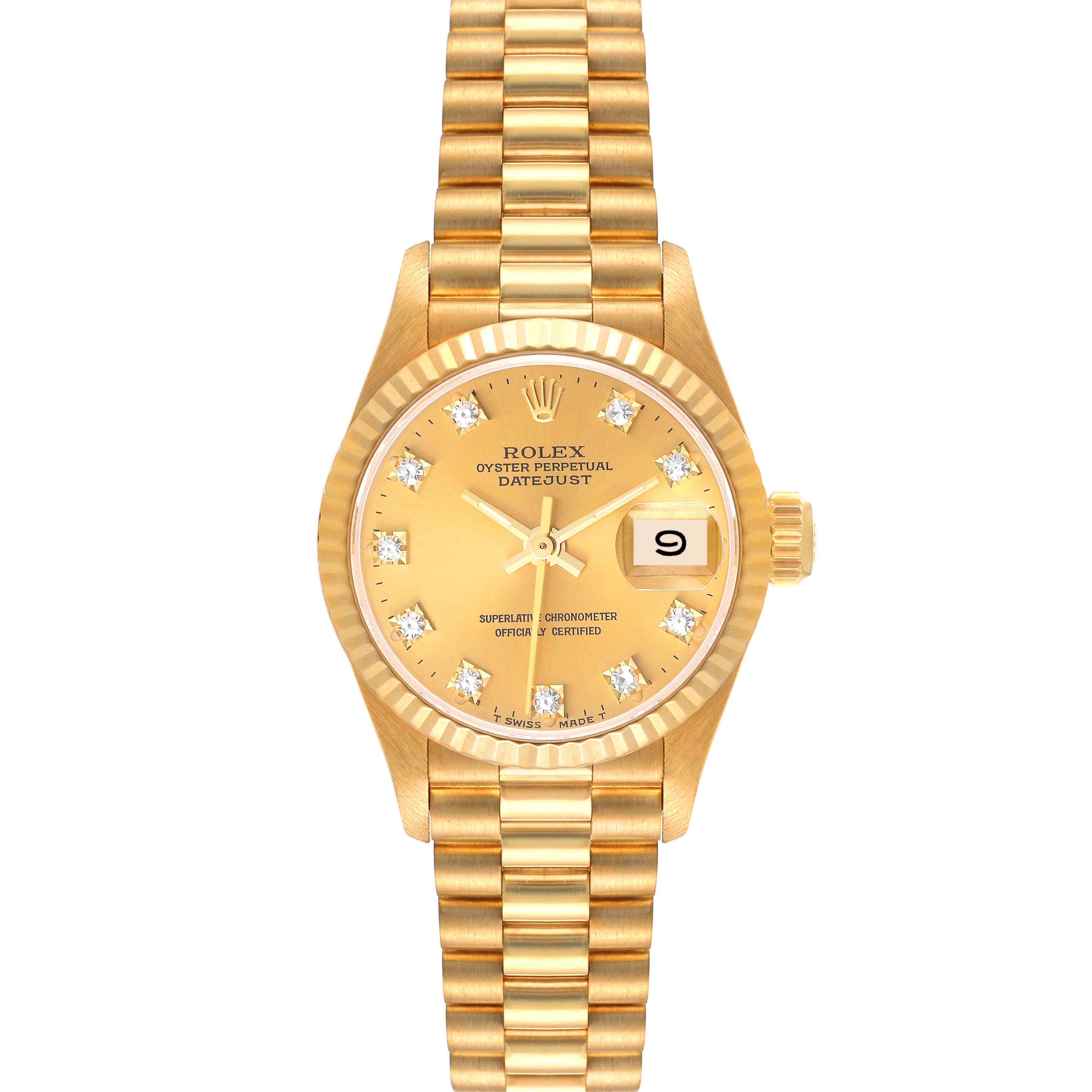 The image shows a front view of a Rolex President 69178 Women
s Yellow Gold Champagne Dial 69178 Women
s Yellow Gold Champagne Dial Oyster Perpetual Datejust watch, featuring a gold band and diamond markers.