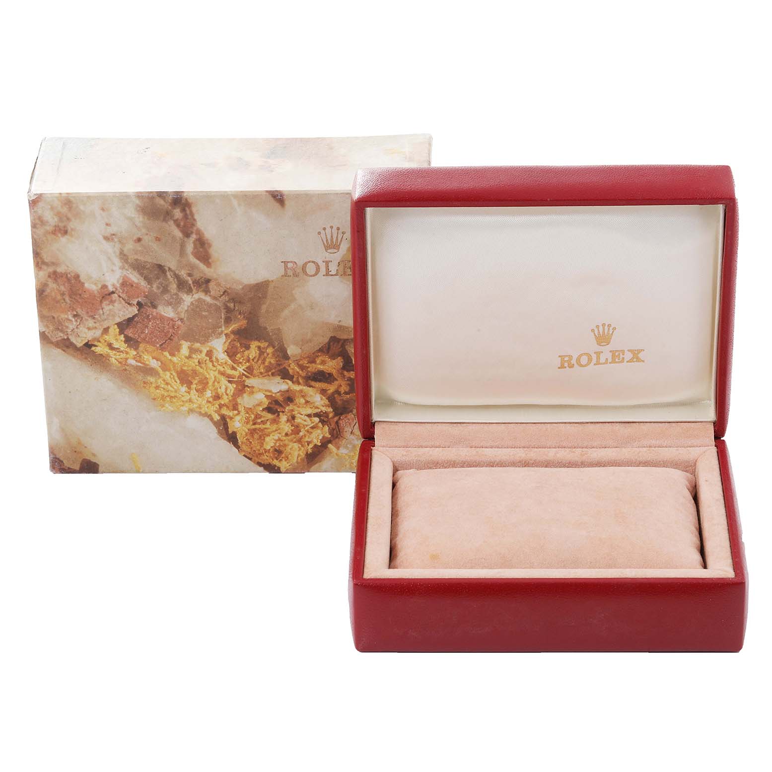 The image shows a Rolex President 69178 Women
s Yellow Gold Champagne Dial 69178 Women
s Yellow Gold Champagne Dial watch box with a cushion, alongside an outer packaging box.