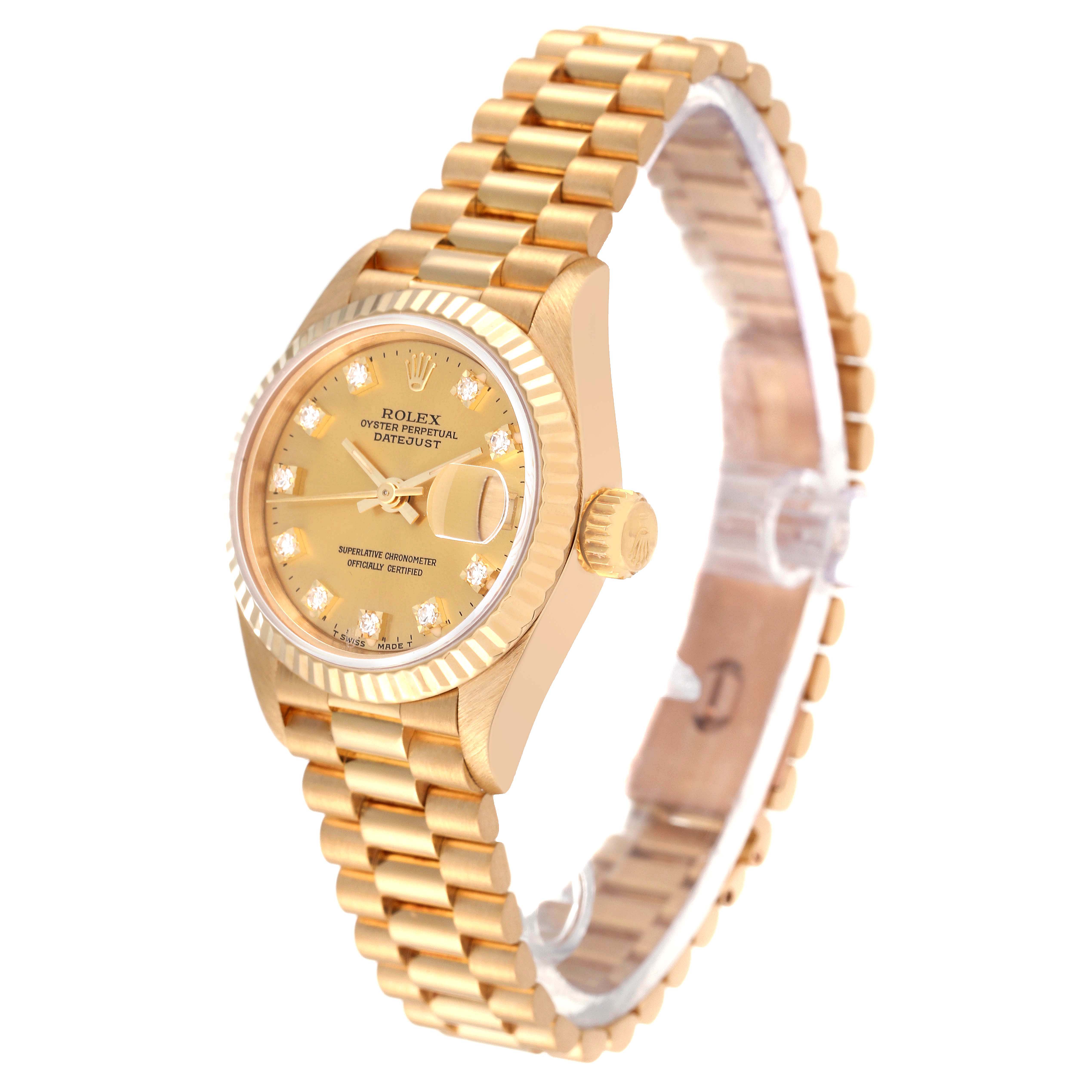 This image shows a side angle of the Rolex President 69178 Women
s Yellow Gold Champagne Dial 69178 Women
s Yellow Gold Champagne Dial model, highlighting the watch face, fluted bezel, crown, and gold bracelet.
