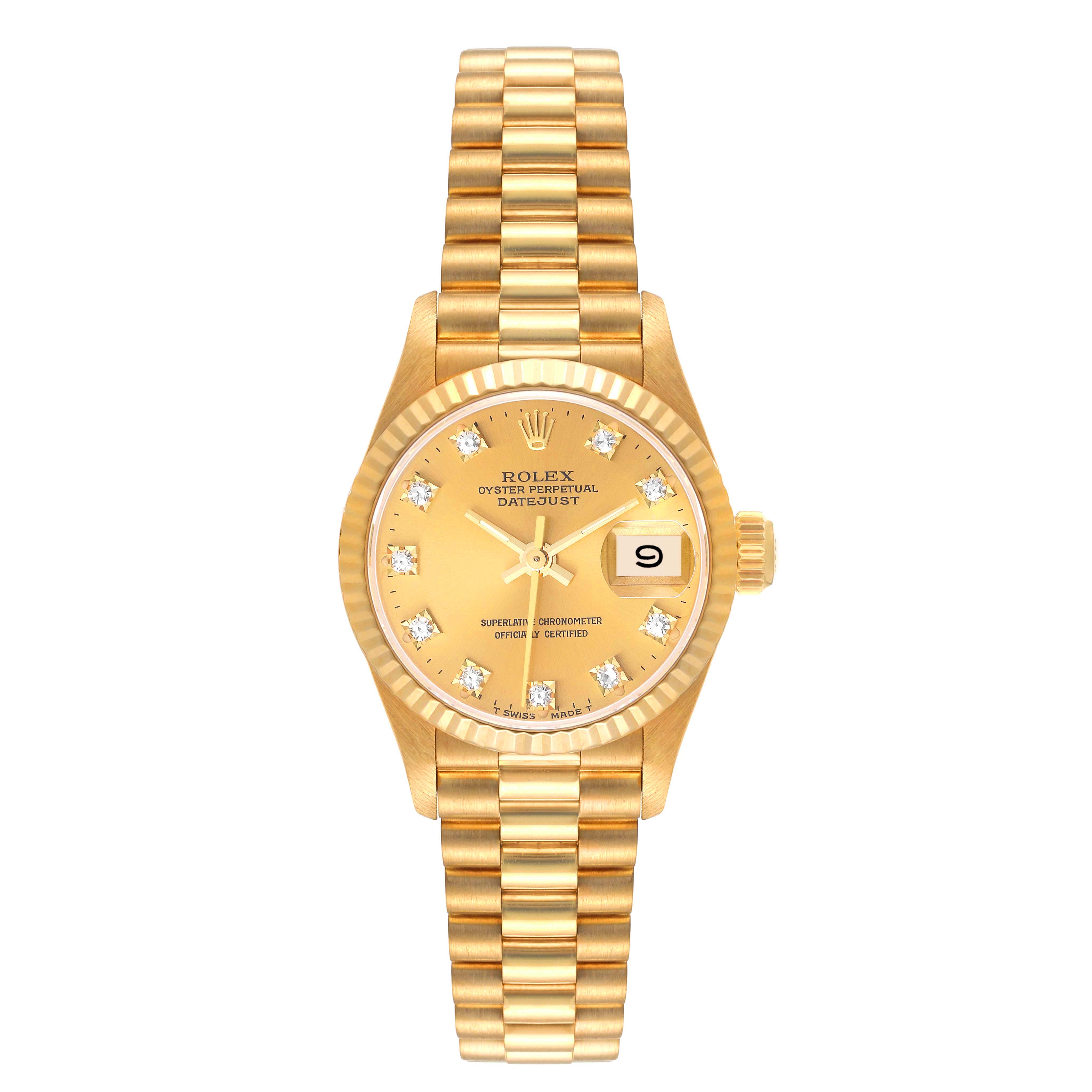 The image shows a front view of the Rolex President 69178 Women
s Yellow Gold Champagne Dial 69178 Women
s Yellow Gold Champagne Dial model, highlighting the watch face, bezel, and bracelet.
