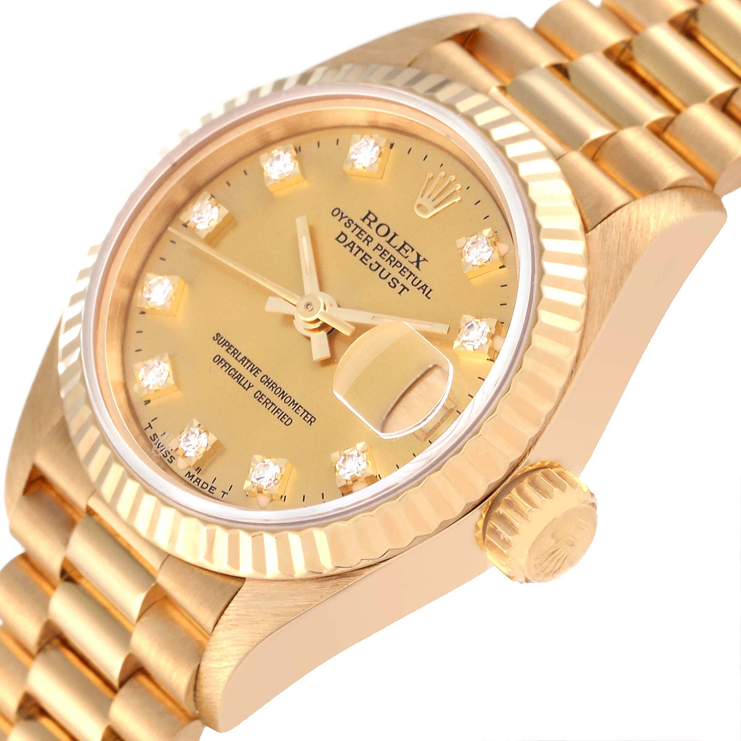 The image shows a Rolex President 69178 Women
s Yellow Gold Champagne Dial 69178 Women
s Yellow Gold Champagne Dial model watch from an angled perspective, highlighting the dial, bezel, crown, and part of the bracelet.