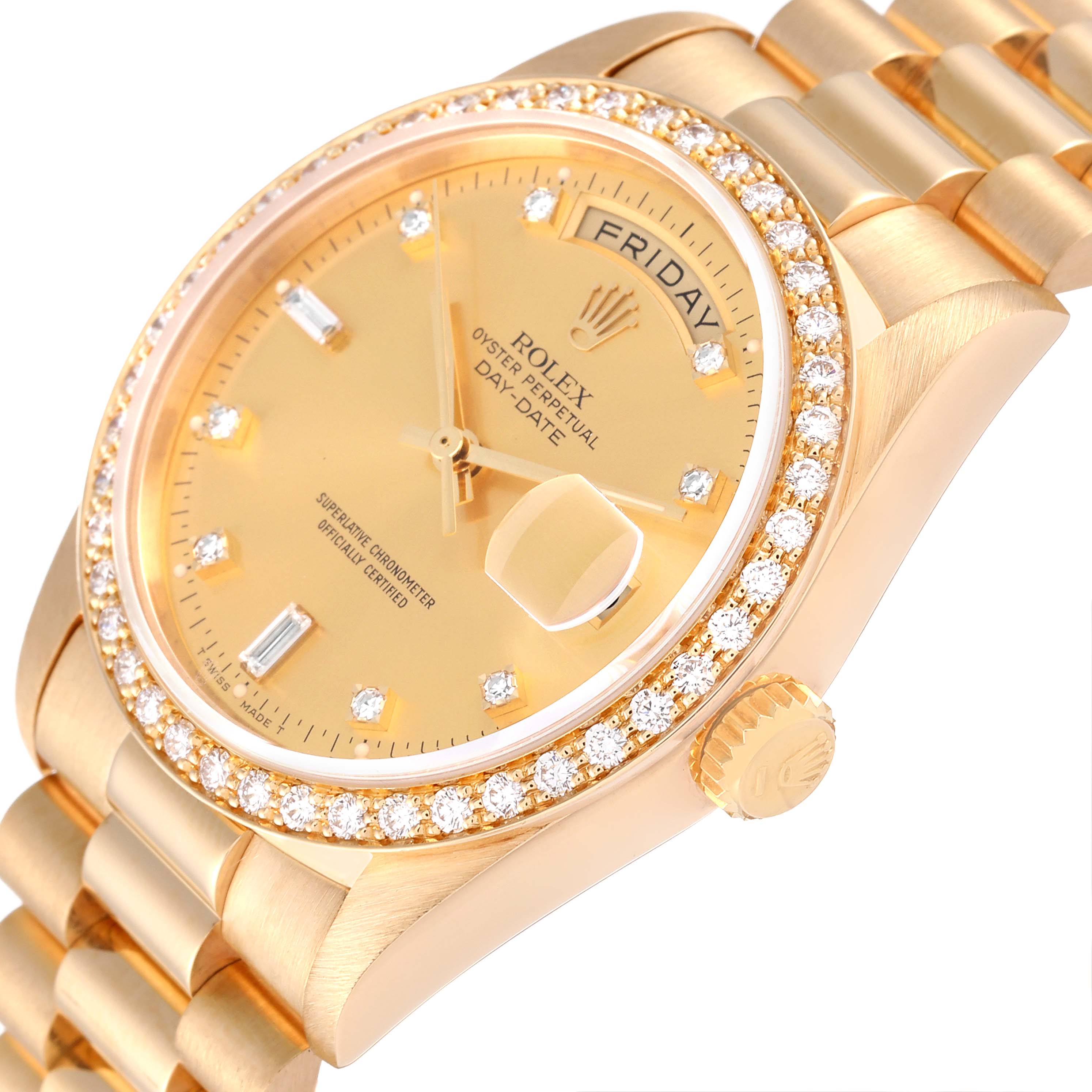 The Rolex President 18348 Men
s Yellow Gold Champagne Dial 18348 Men
s Yellow Gold Champagne Dial model watch is shown from a three-quarter angle displaying the dial, bezel, crown, and part of the bracelet.