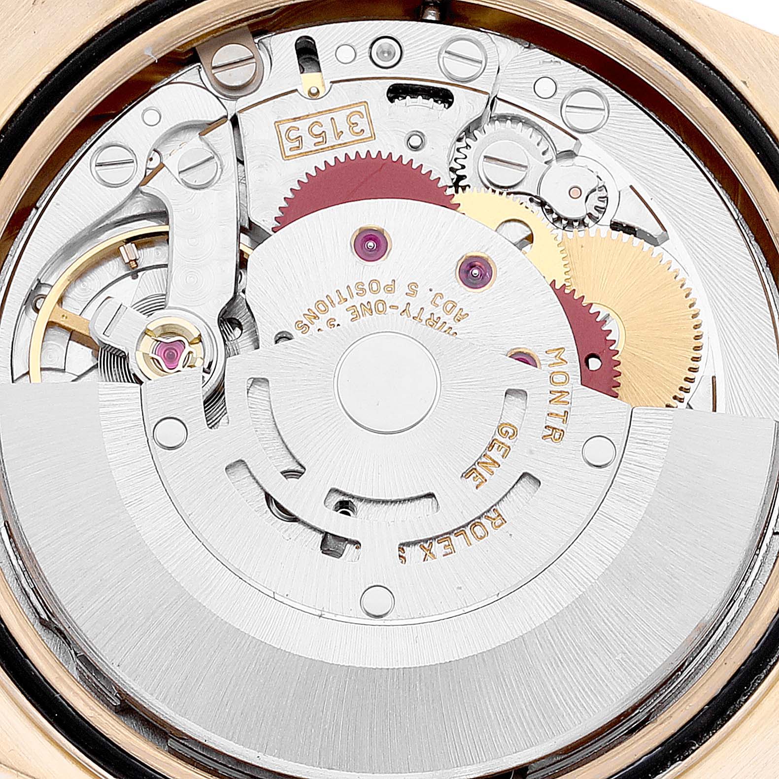 This is an image of the movement mechanism inside the Rolex President 18348 Men
s Yellow Gold Champagne Dial 18348 Men
s Yellow Gold Champagne Dial model watch, viewed from the back showing intricate gears and components.