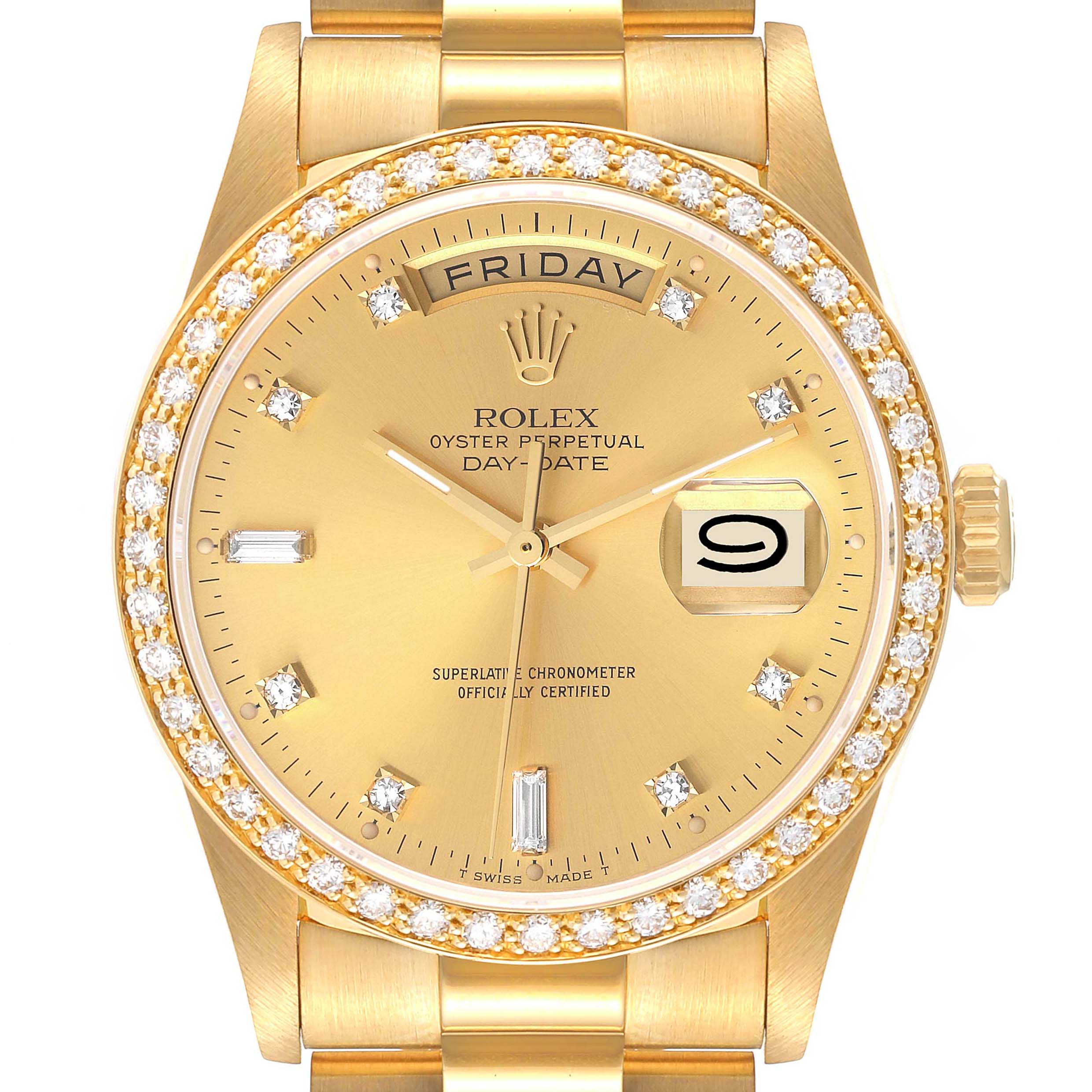 The image shows a frontal view of the Rolex President 18348 Men
s Yellow Gold Champagne Dial 18348 Men
s Yellow Gold Champagne Dial Day-Date watch, highlighting its gold face, diamond bezel, and bracelet.