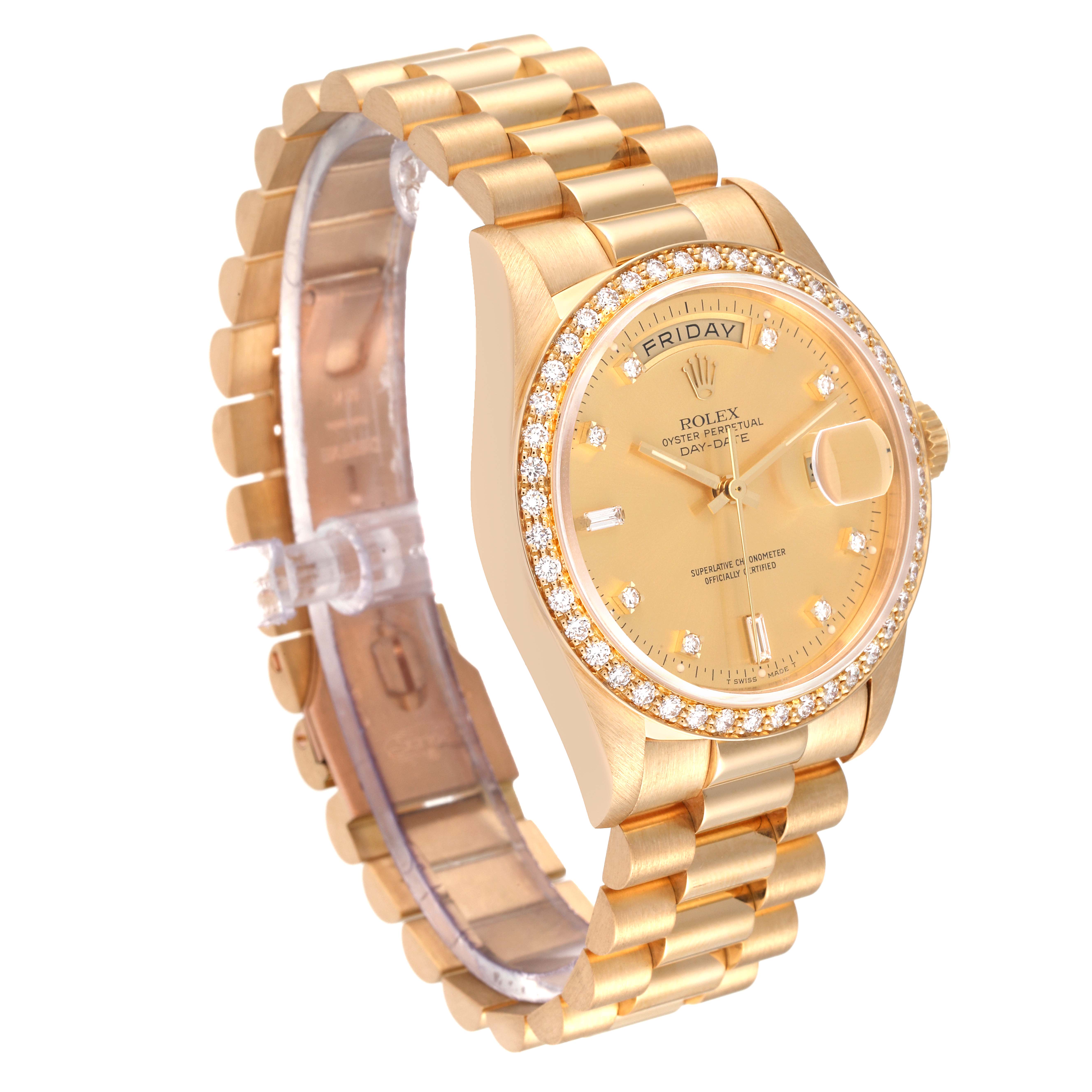 This image shows a side-front view of a Rolex President 18348 Men
s Yellow Gold Champagne Dial 18348 Men
s Yellow Gold Champagne Dial model watch featuring its band, face, and bezel.