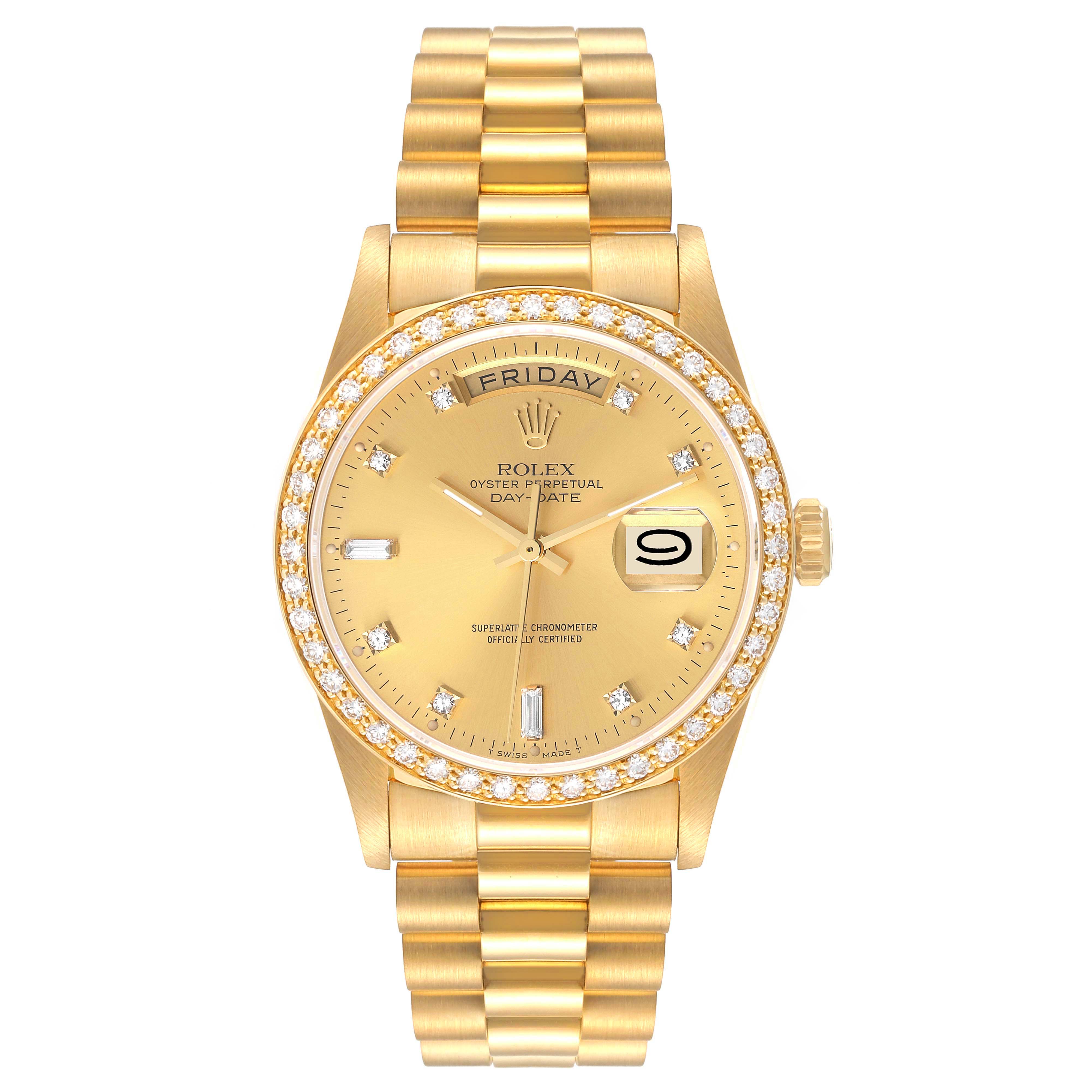 The image shows a front view of a Rolex President 18348 Men
s Yellow Gold Champagne Dial 18348 Men
s Yellow Gold Champagne Dial model watch displaying the band, face, day, and date features.