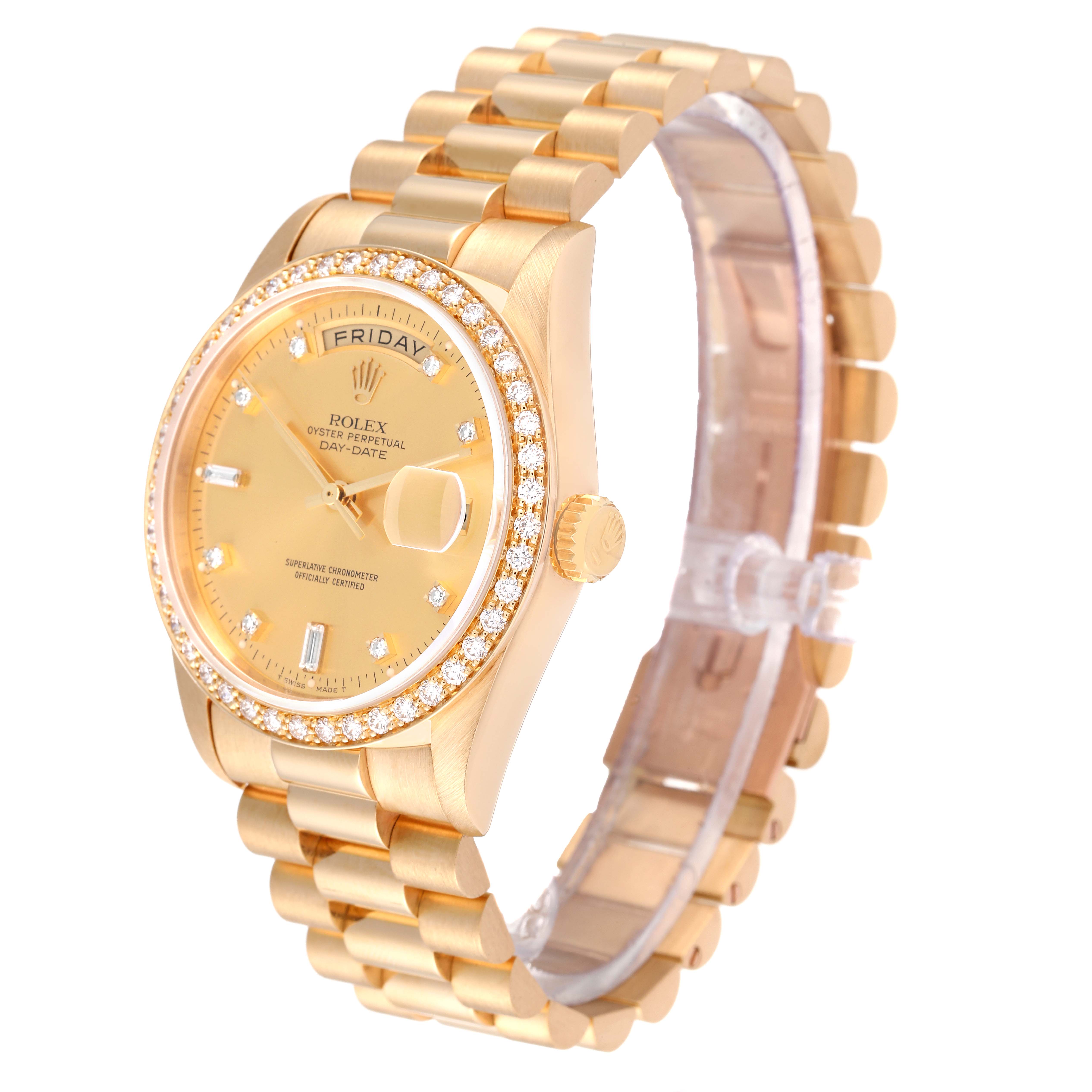 The image shows a Rolex President 18348 Men
s Yellow Gold Champagne Dial 18348 Men
s Yellow Gold Champagne Dial model watch at a slightly angled side view, highlighting the gold case, bracelet, and diamond bezel.