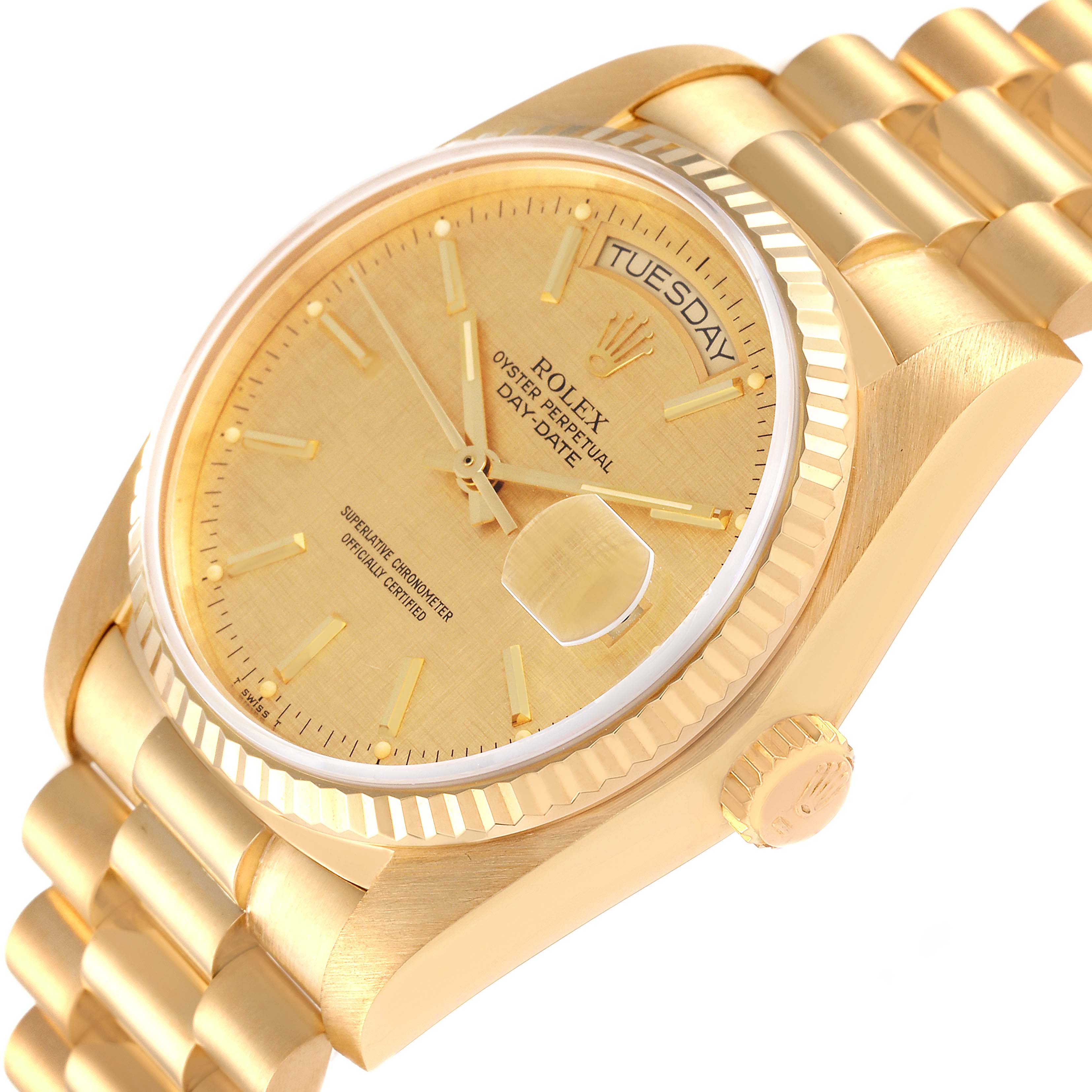 The image shows a Rolex President 18038 Men's Steel and Gold (two tone) Champagne Dial 18038 Men's Steel and Gold (two tone) Champagne Dial model watch angled slightly from the top, showcasing its dial, bezel, and part of the bracelet.