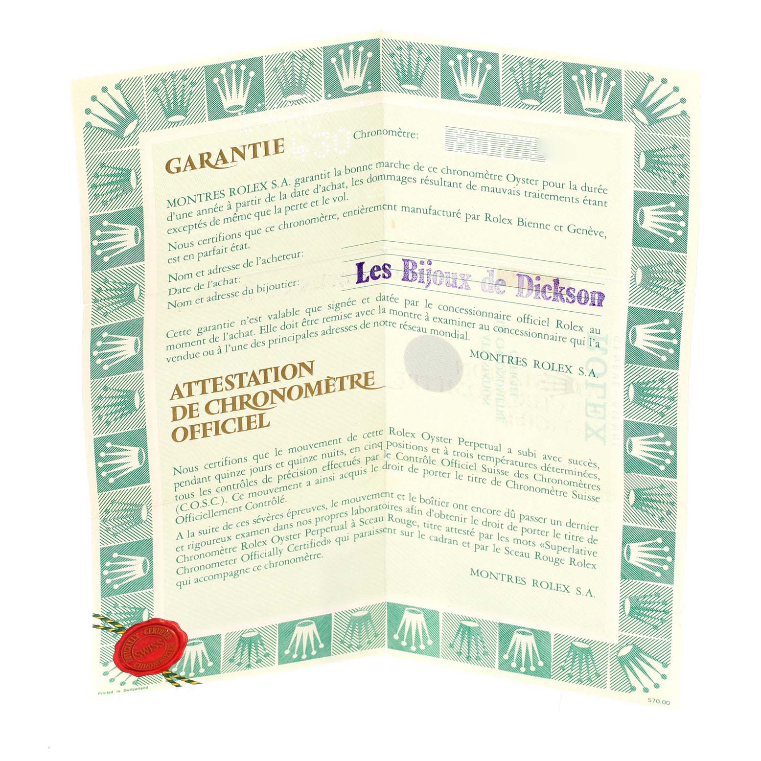 This image shows a Rolex document for the President model, including warranty and chronometer certification information.