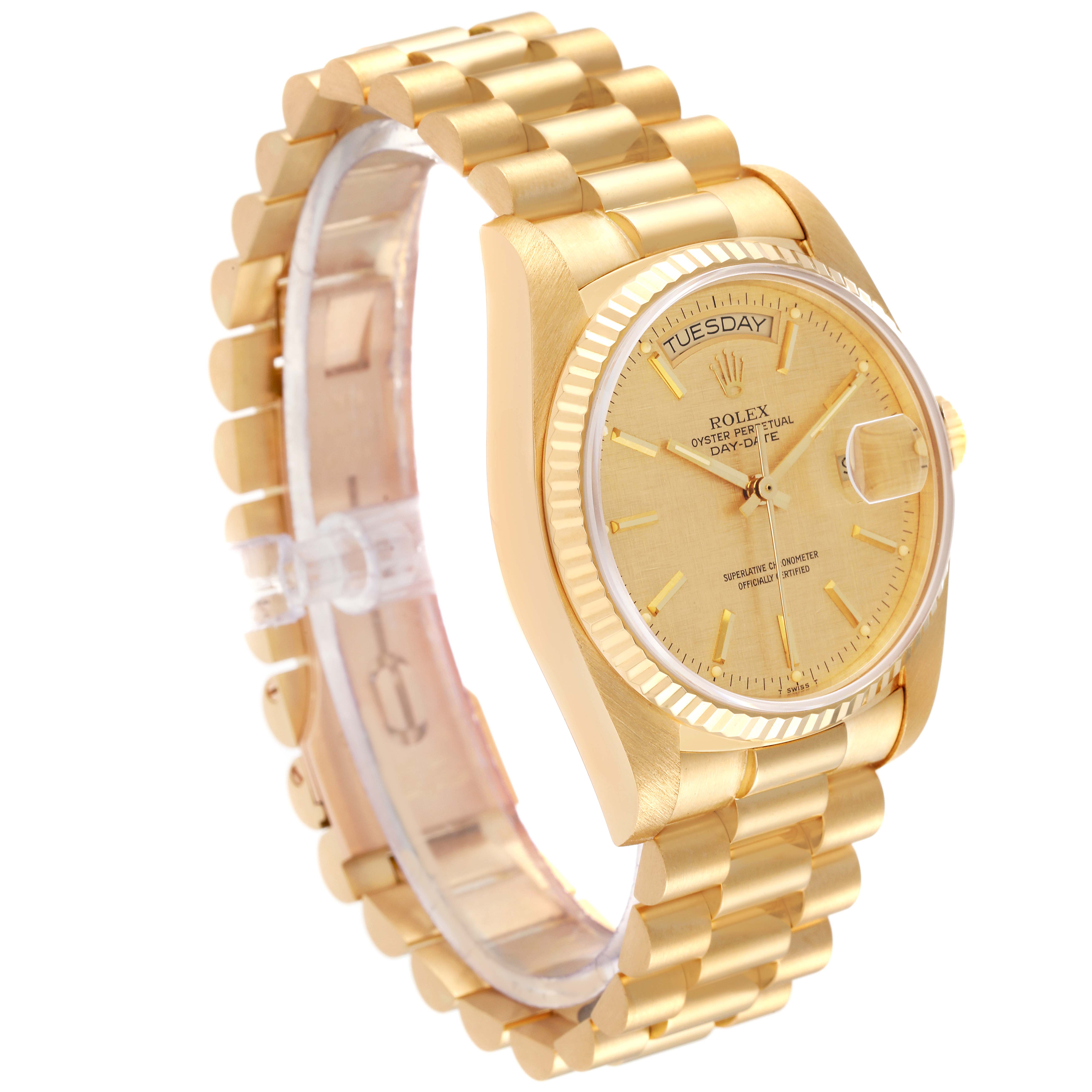 The image shows a side angle of the Rolex President 18038 Men's Steel and Gold (two tone) Champagne Dial 18038 Men's Steel and Gold (two tone) Champagne Dial model watch, highlighting its gold band, dial, and bezel.