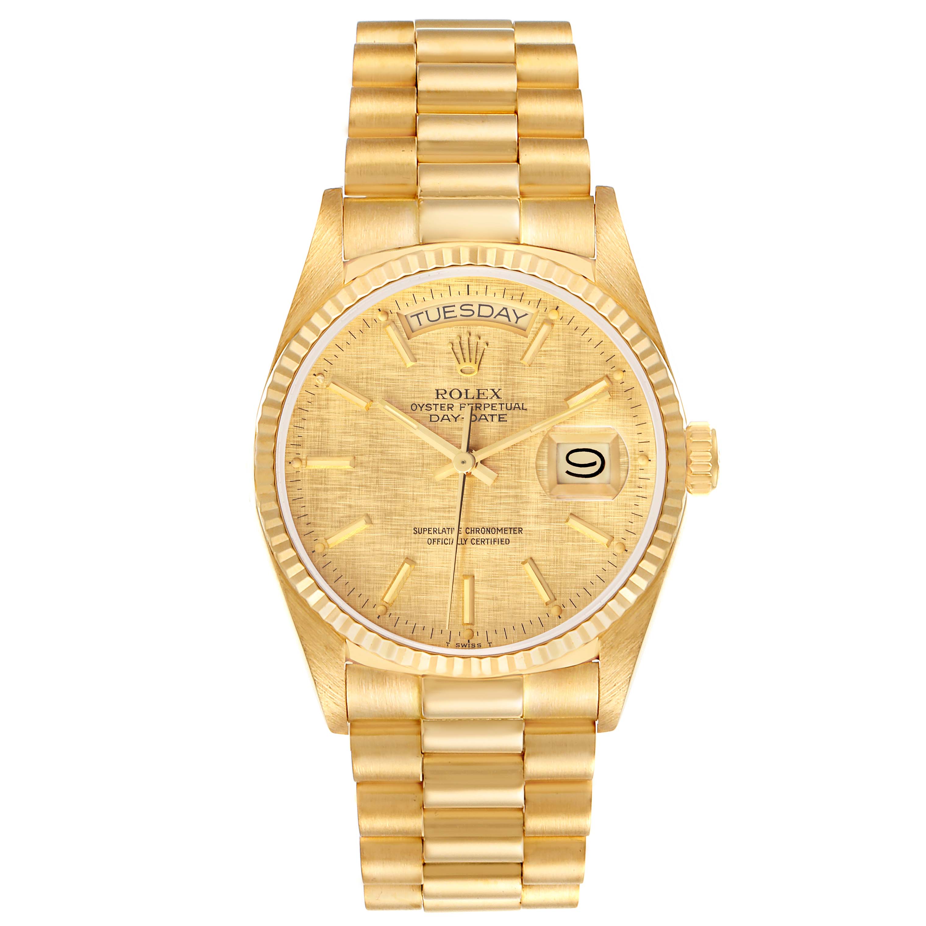 Rolex President Day-Date Yellow Gold Champagne Linen Dial Mens Watch ...