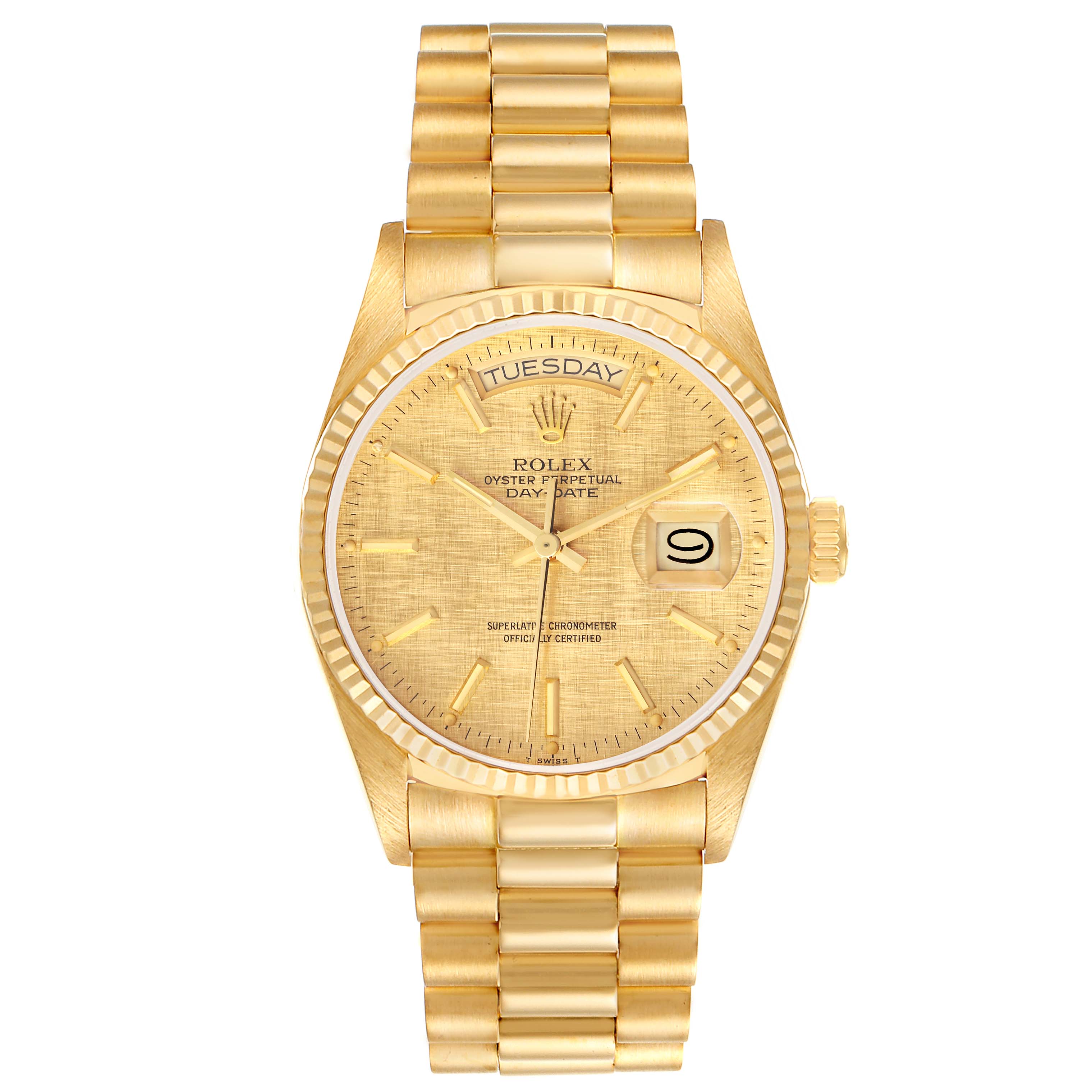 The Rolex President 18038 Men's Steel and Gold (two tone) Champagne Dial 18038 Men's Steel and Gold (two tone) Champagne Dial model watch is shown from a top-down angle, highlighting the dial, bracelet, and bezel.