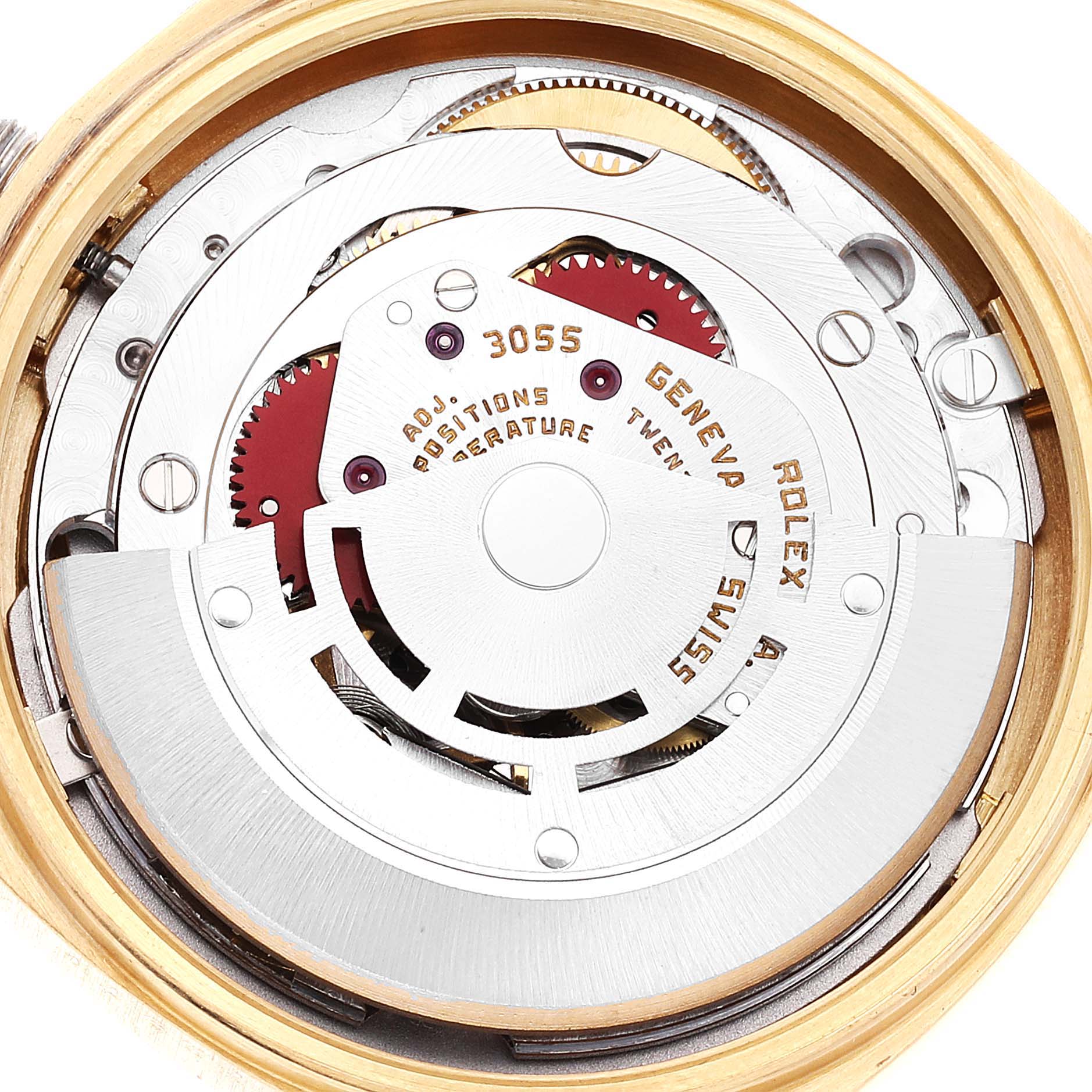 This image shows the exposed movement and intricate inner workings of a Rolex President 18038 Men's Steel and Gold (two tone) Champagne Dial 18038 Men's Steel and Gold (two tone) Champagne Dial model watch from a top-down angle.