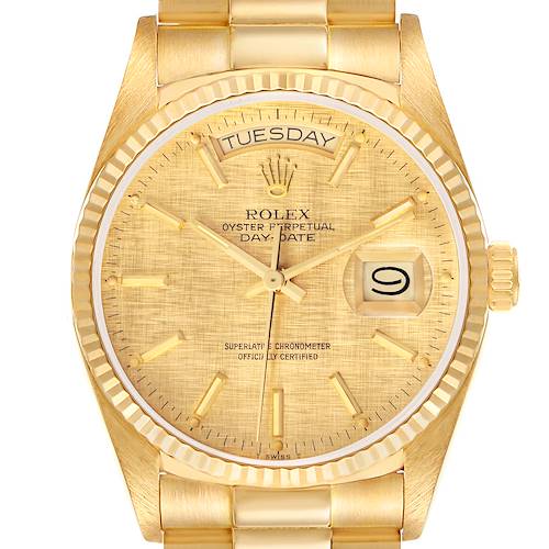 Photo of Rolex President Day-Date Yellow Gold Champagne Linen Dial Mens Watch 18038 Box Papers