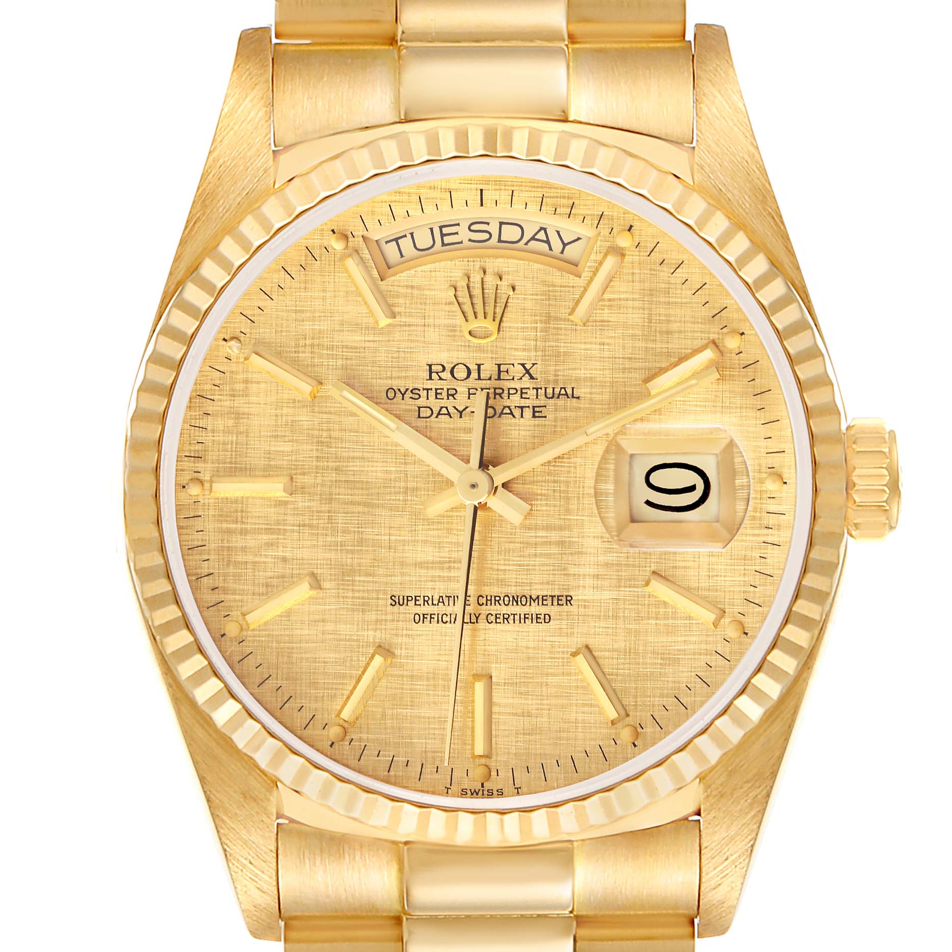 This image shows the face and bezel of a Rolex President 18038 Men's Steel and Gold (two tone) Champagne Dial 18038 Men's Steel and Gold (two tone) Champagne Dial Day-Date model in gold, viewed directly from the front.