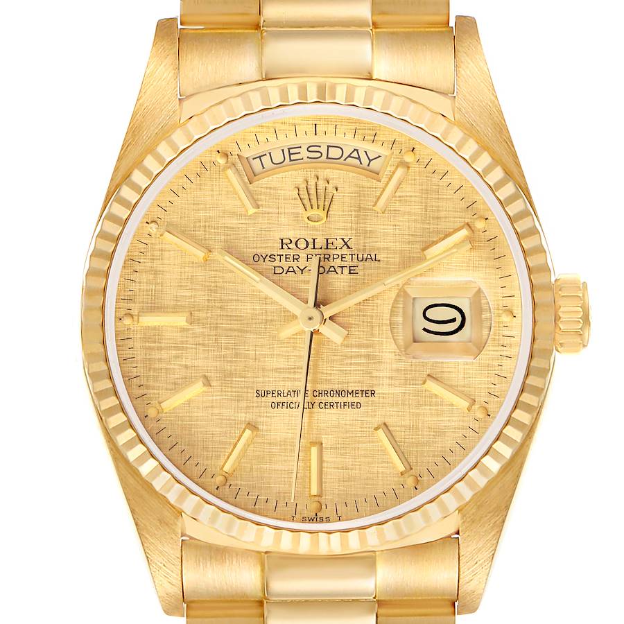 Rolex President Day-Date Yellow Gold Champagne Linen Dial Mens Watch 18038 Box Papers SwissWatchExpo