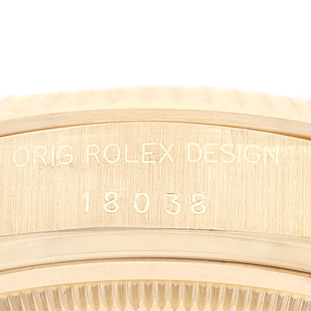 The image shows a close-up of the case back of a Rolex President 18038 Men's Steel and Gold (two tone) Champagne Dial 18038 Men's Steel and Gold (two tone) Champagne Dial model watch, displaying the model number.
